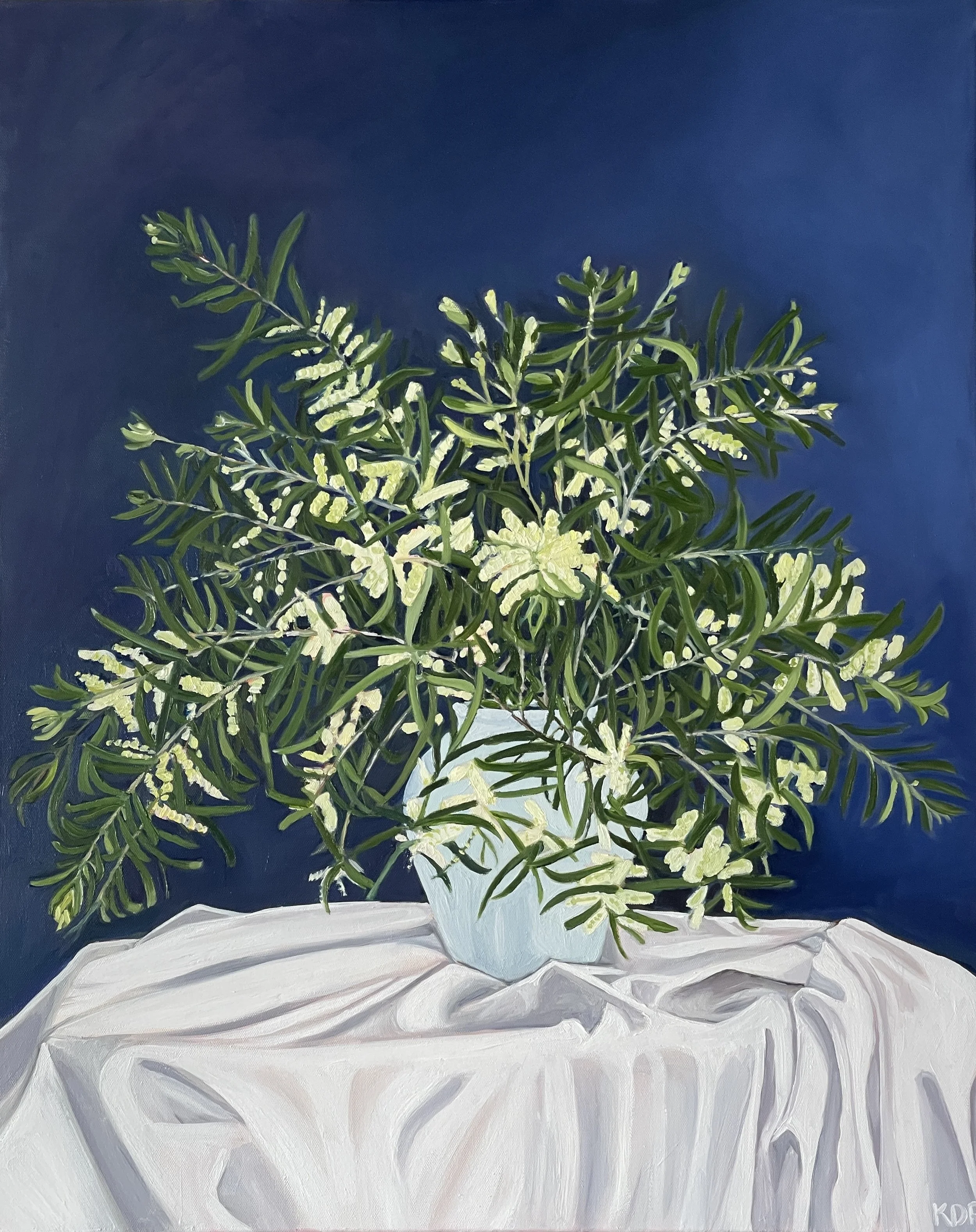 Wattle in vase, oil on canvas, 76 x 61cm
