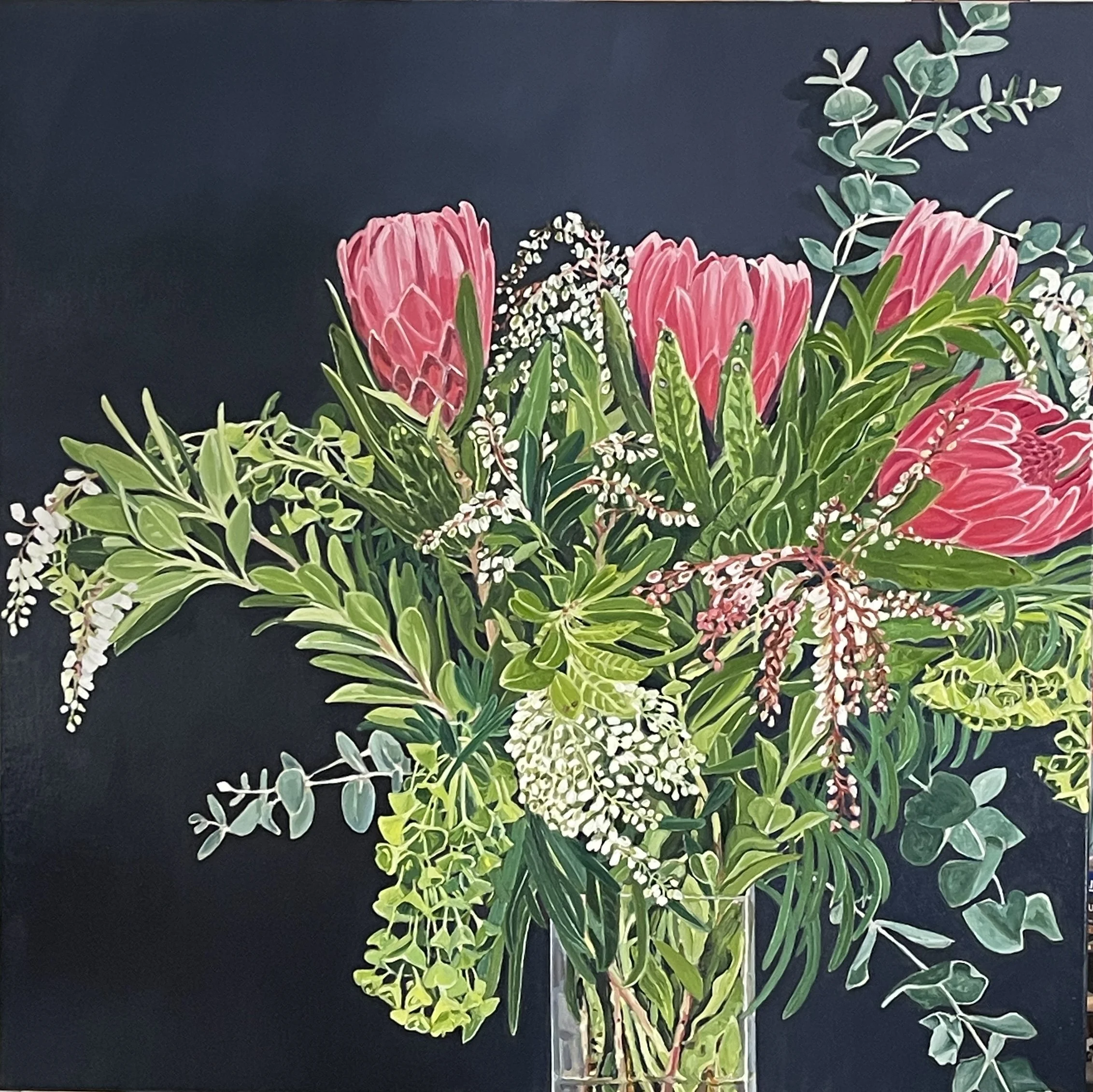 Proteas in vase, oil on canvas, 92 x 92 cm