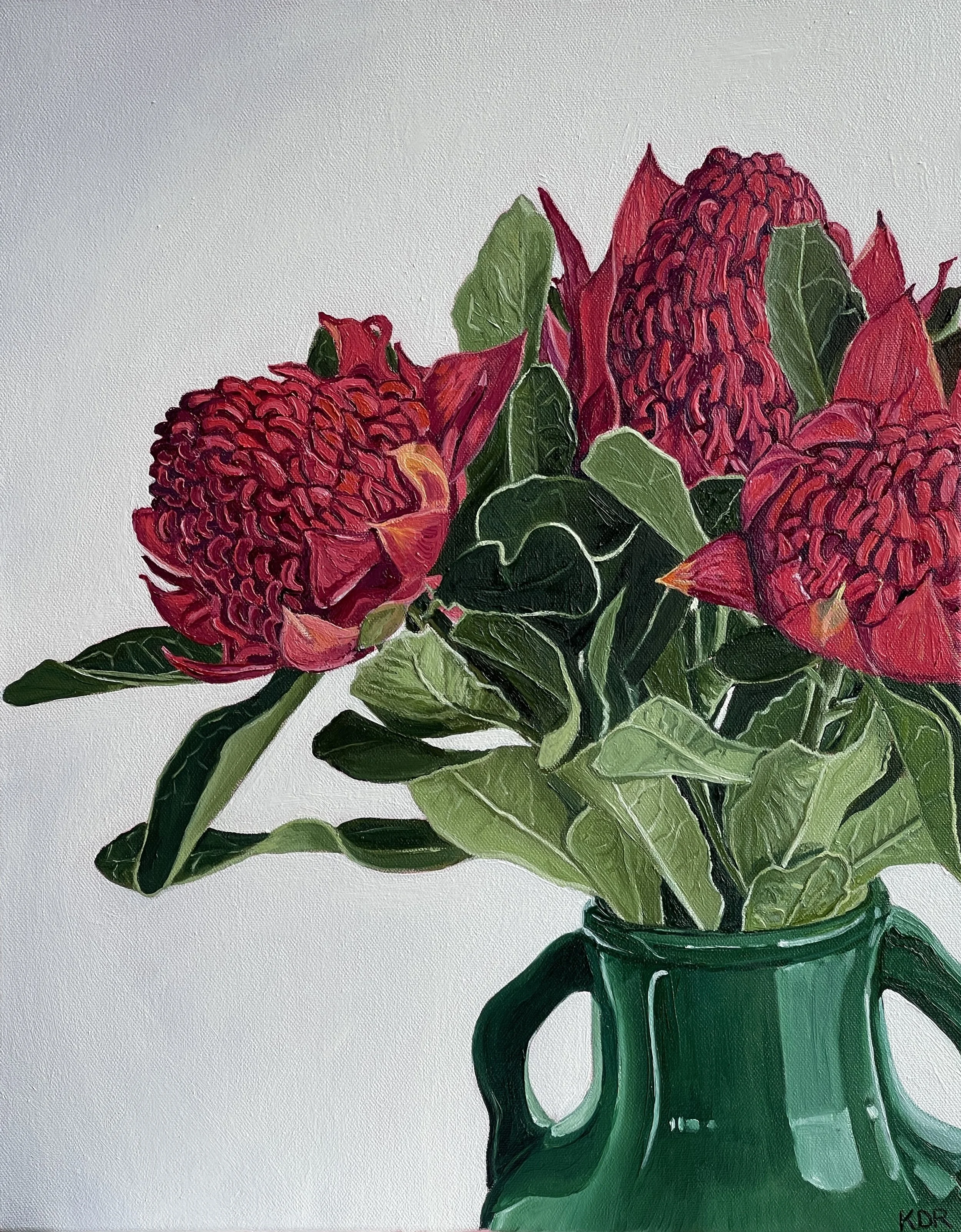 Waratahs in vase, oil on canvas, 51 x 40 cm