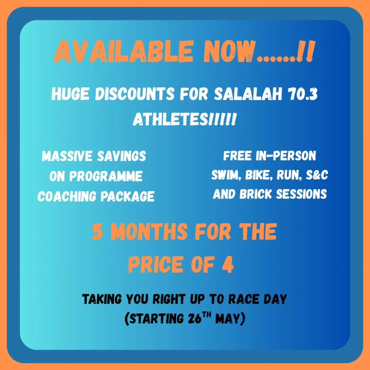 Less than two weeks to go to take up this special offer and save on getting you to the start and finsih line at Salalah 70.3.
Applications will close on 26th June and with only 12 weeks until the first pre-Salalah build up race at Qantab Triathlon or