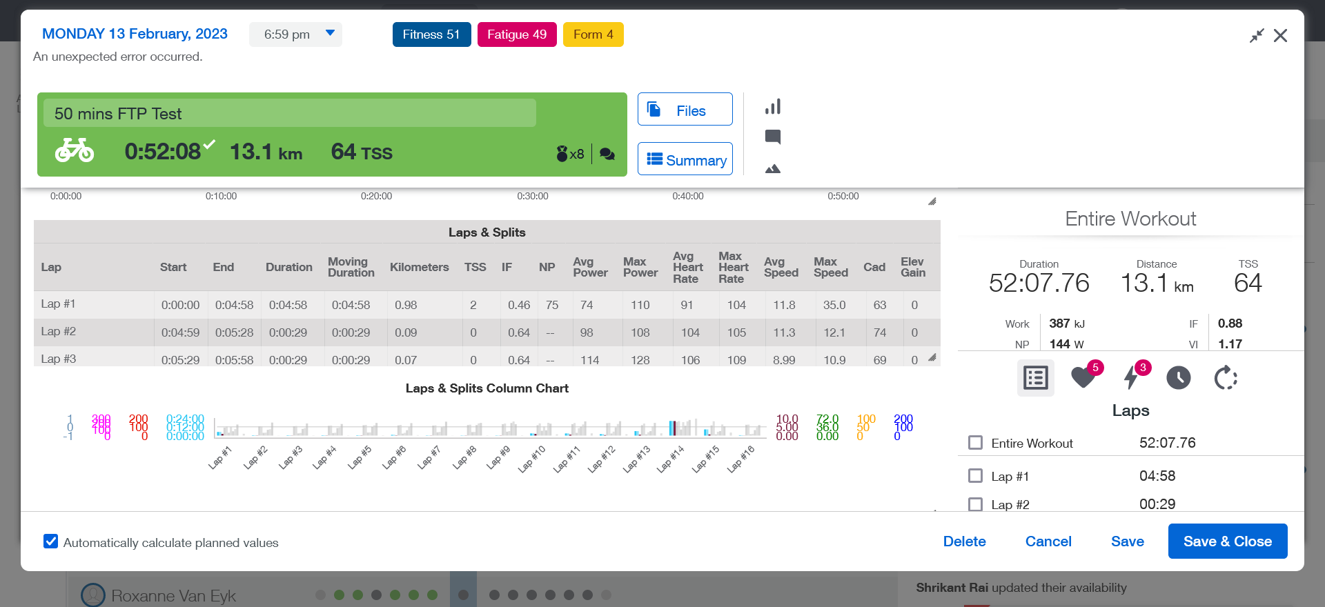 Screenshot of a cycling workout summary on a fitness app showing details of a 50-minute FTP cycling test, including time, distance, and various performance metrics.