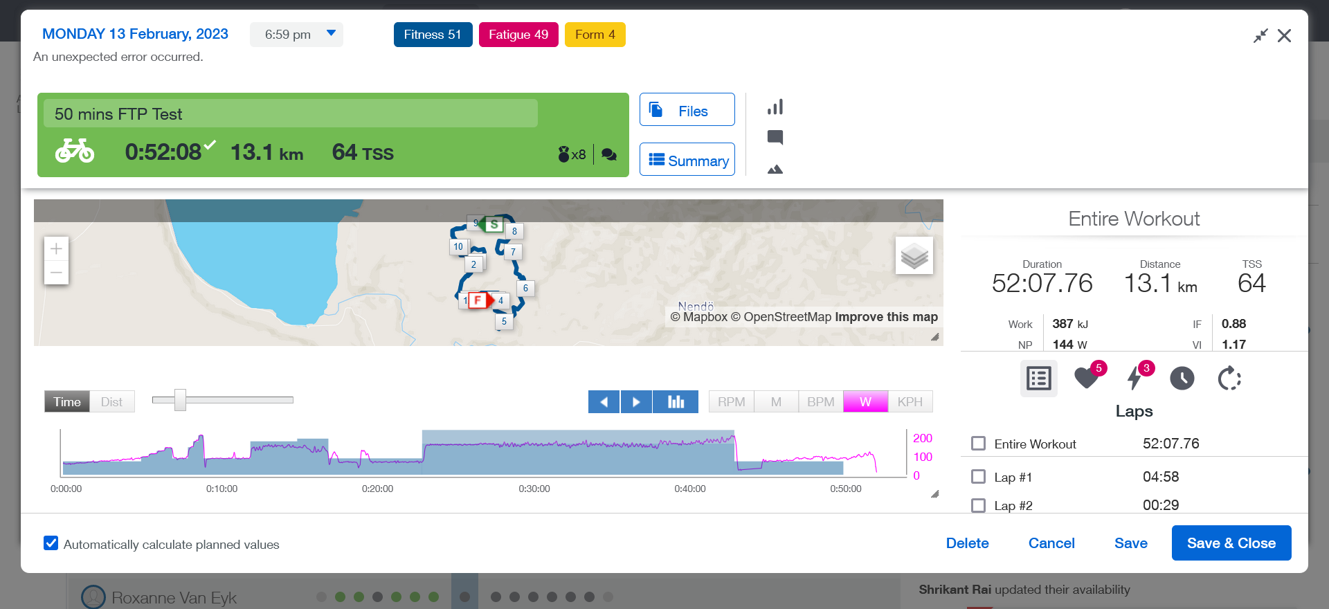 Screenshot of a workout tracking app showing a cycling workout with a map, duration 52 minutes and 8 seconds, distance 13.1 km, and TSS 64. Various workout metrics and icons are visible, with options to view files, summaries, and adjust settings.