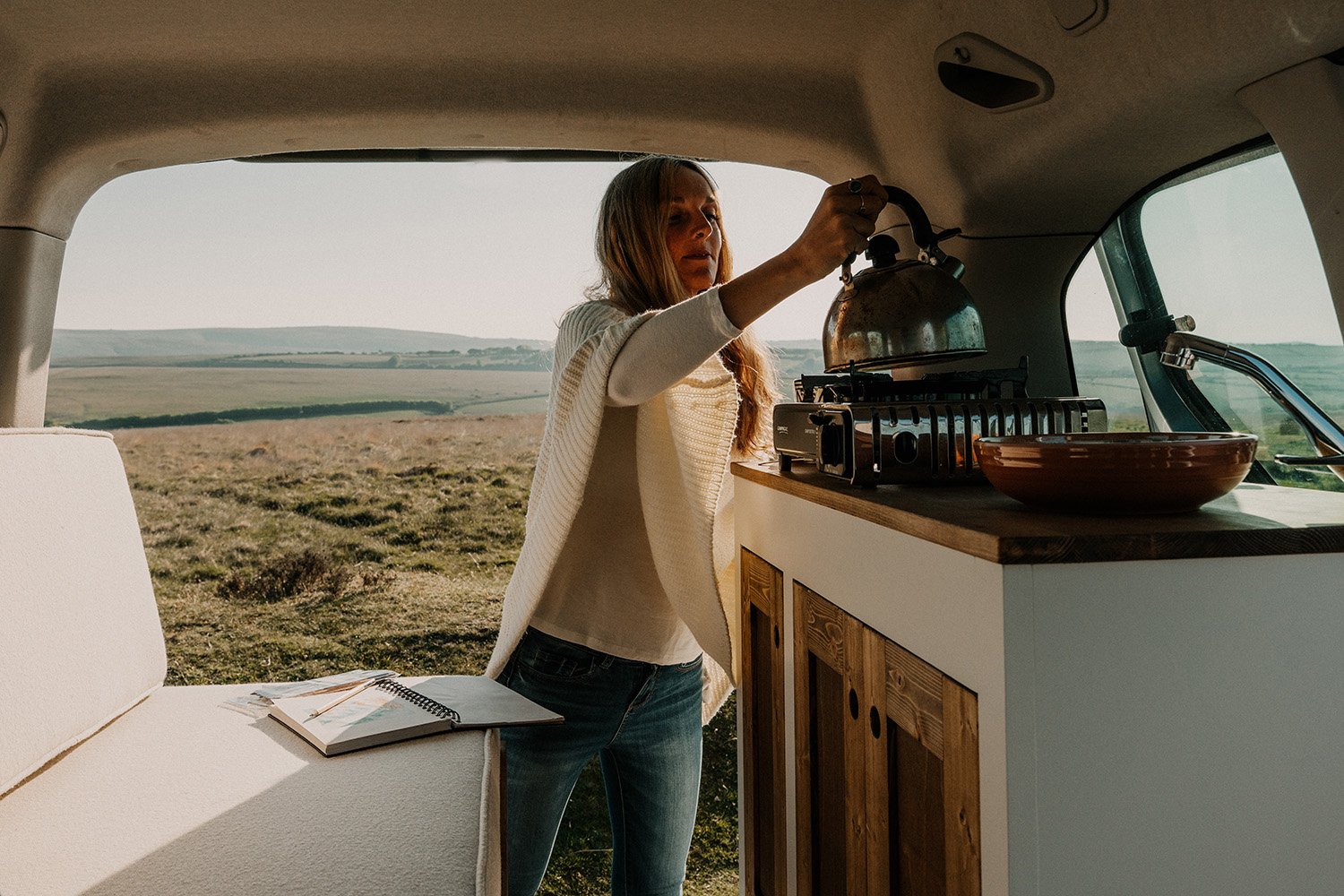 Making tea in a micro camper