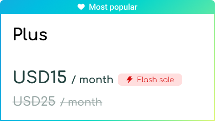 Pricing plan showing 'Plus' option with US$15 per month, marked as most popular, and a discounted price of US$25 per month.