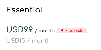 Pricing plan showing 'Essential' option with US$15 per month, marked as most popular, and a discounted price of US$9.9 per month.