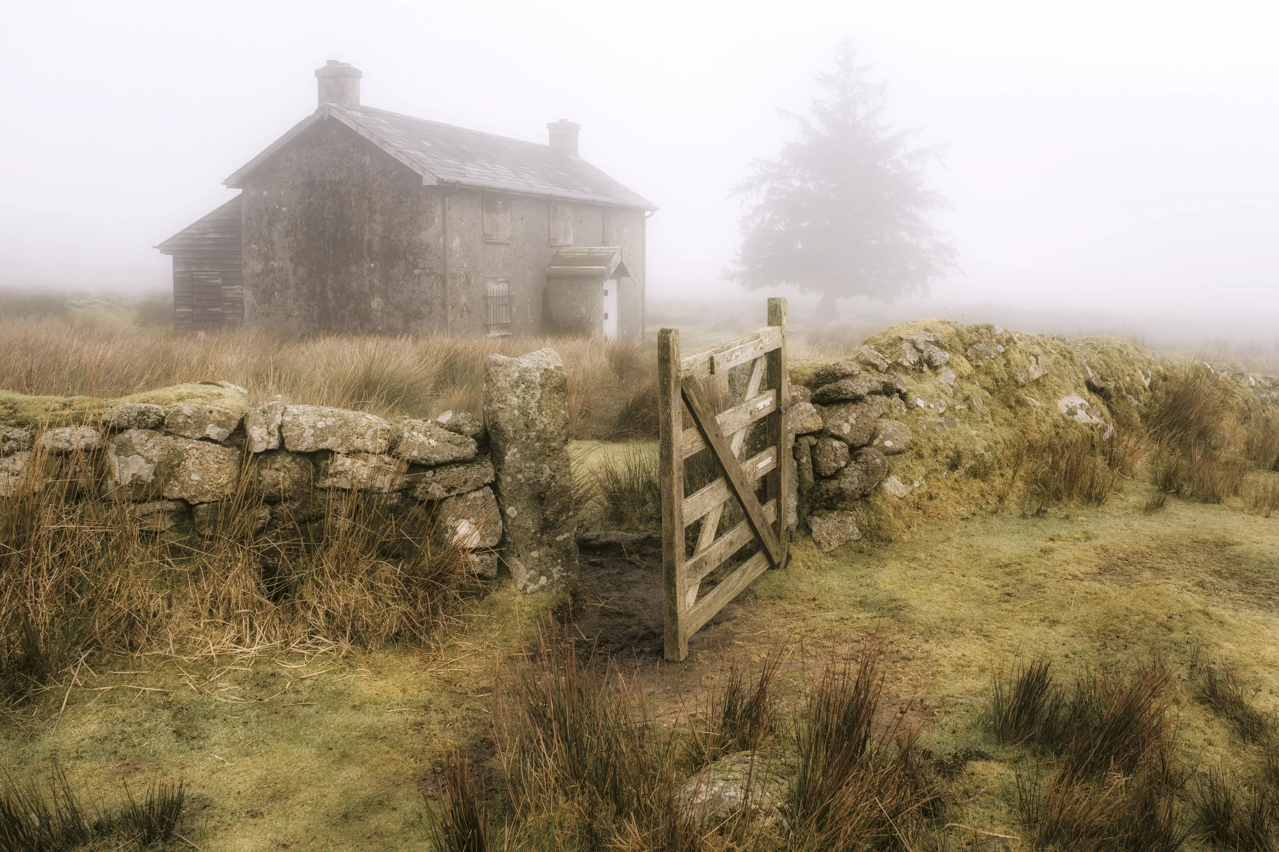 A misty rural scene with an old stone house, a wooden gate, and a stone wall, surrounded by grassy terrain and a large tree in the background.