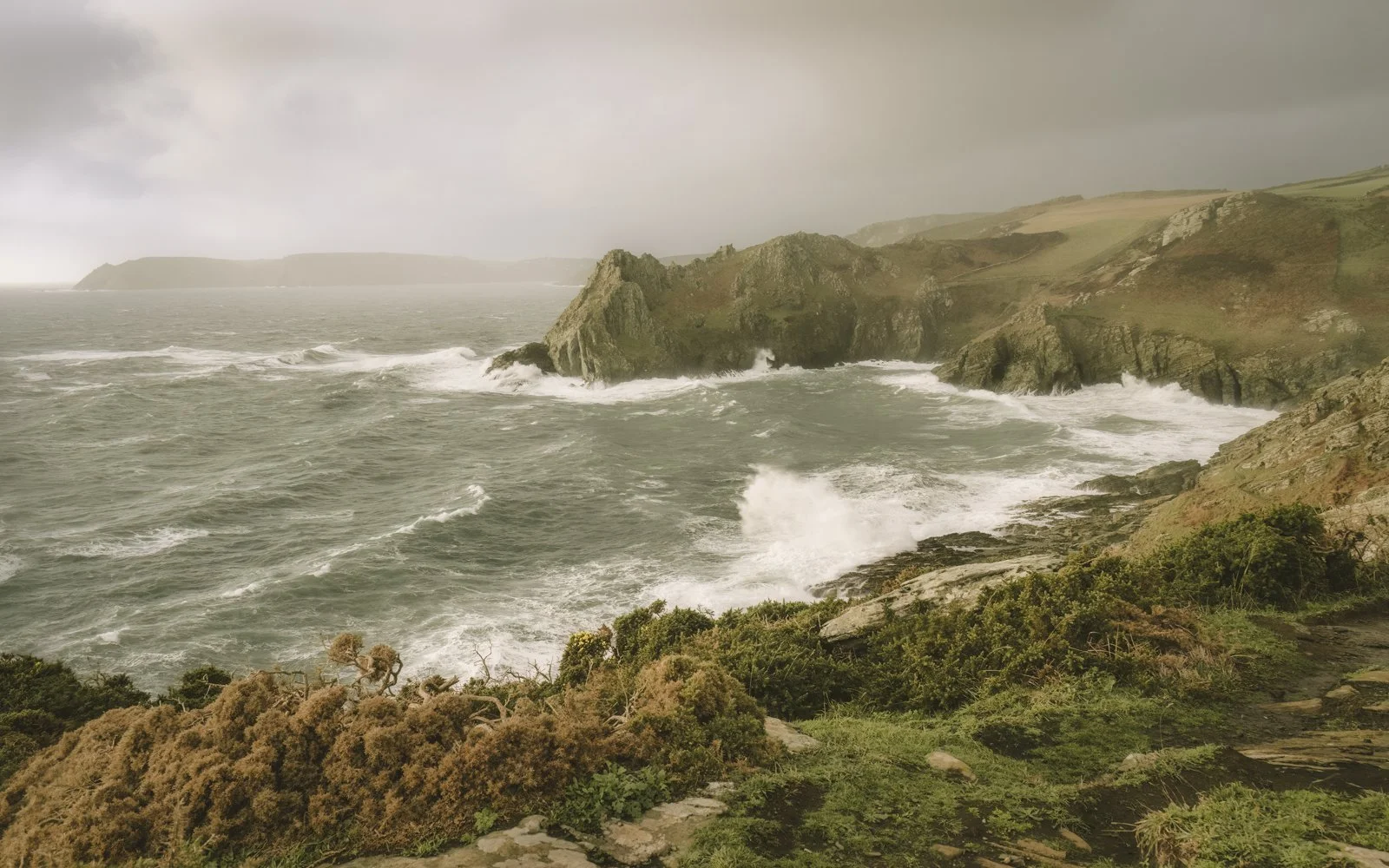 Coastal landscape with rocky cliffs, rough sea, and overcast sky, vegetation along the shoreline.