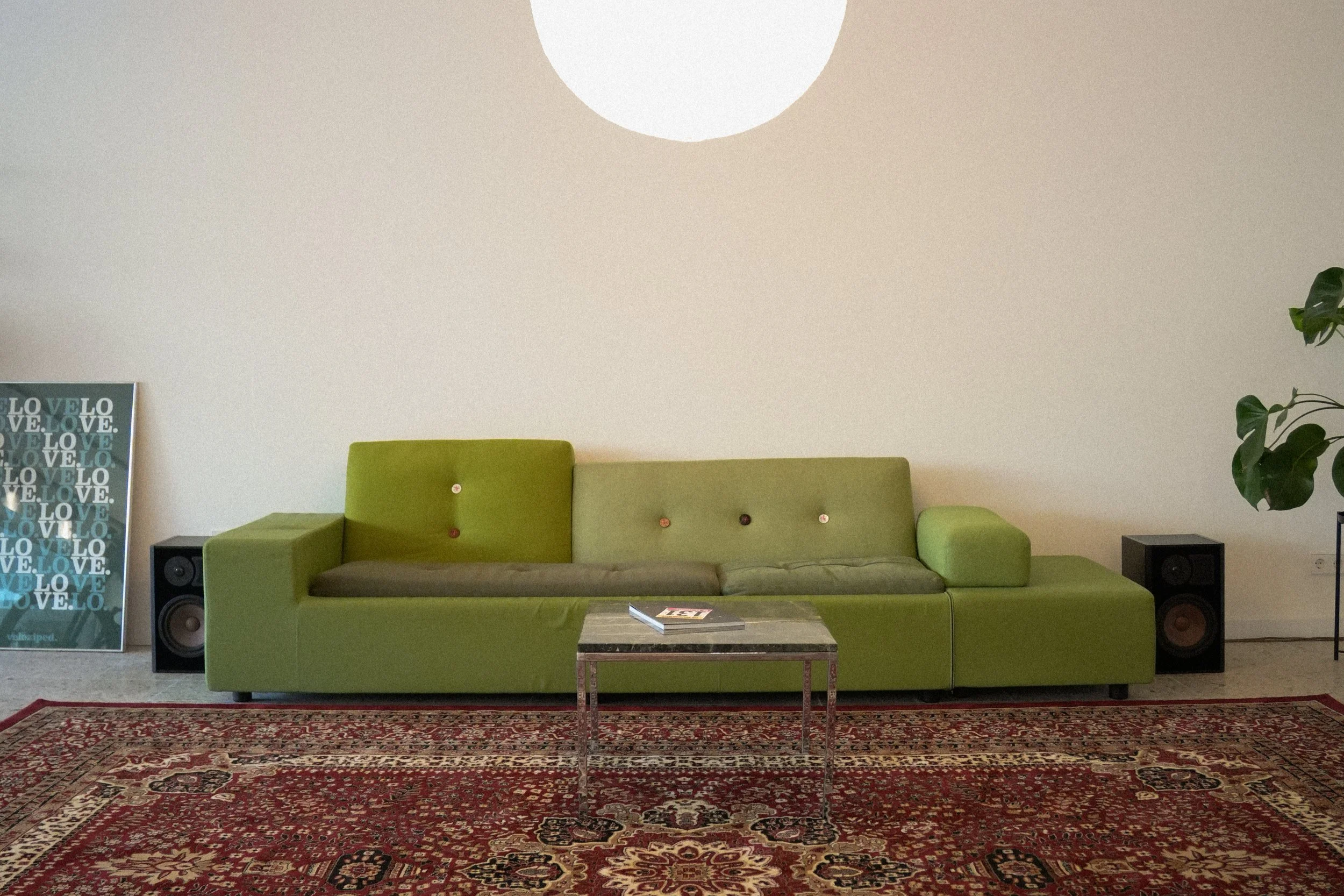 Graues Sofa mit grünen Polstern und Knöpfen, kleiner Tisch mit Büchern, bunte Teppich, Stehende Pflanze in der Ecke, Poster mit dem Wort 'LOVE' lehnend an die Wand.