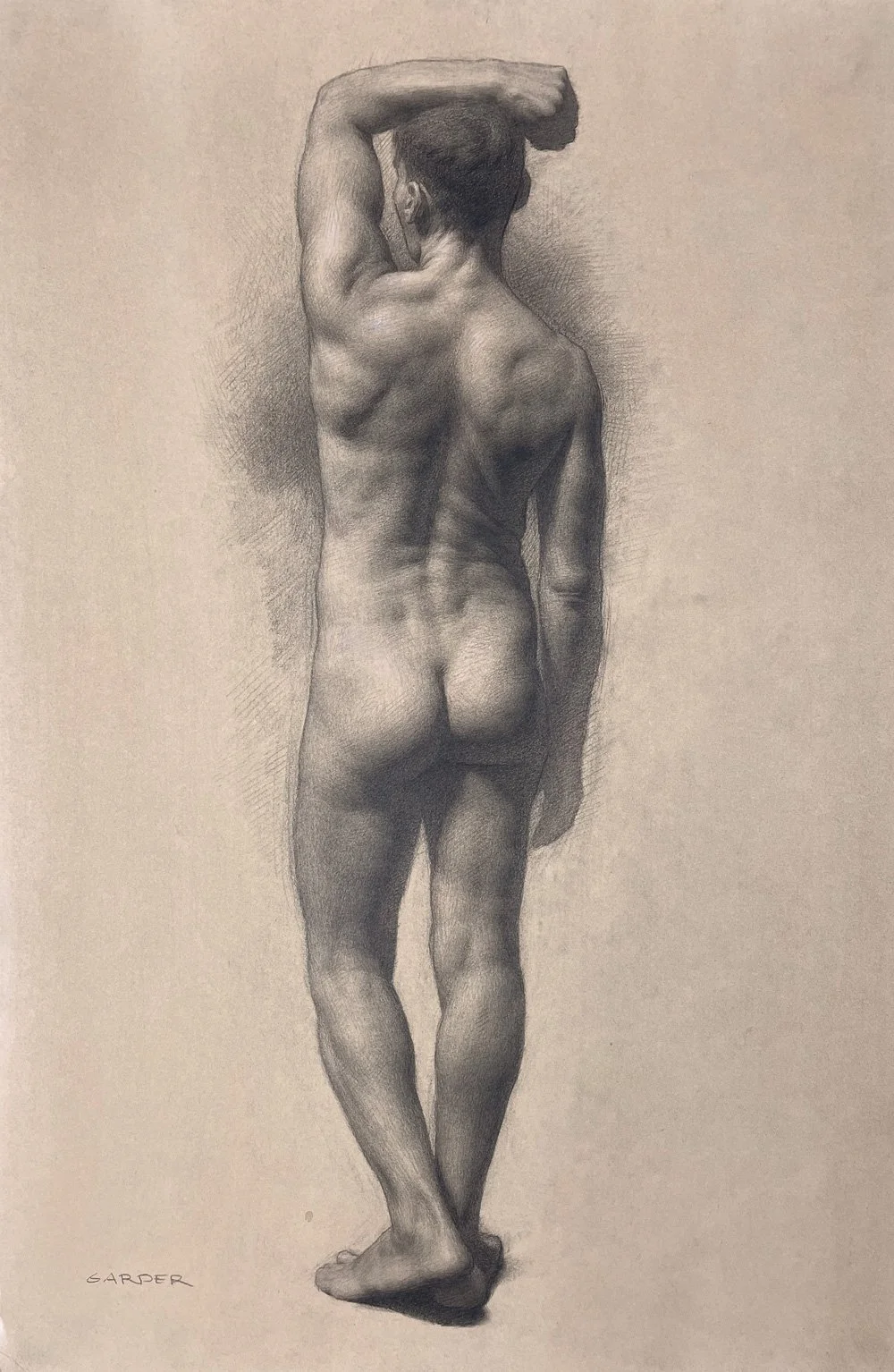 An academic figure drawing in graphite and white chalk of a man from behind