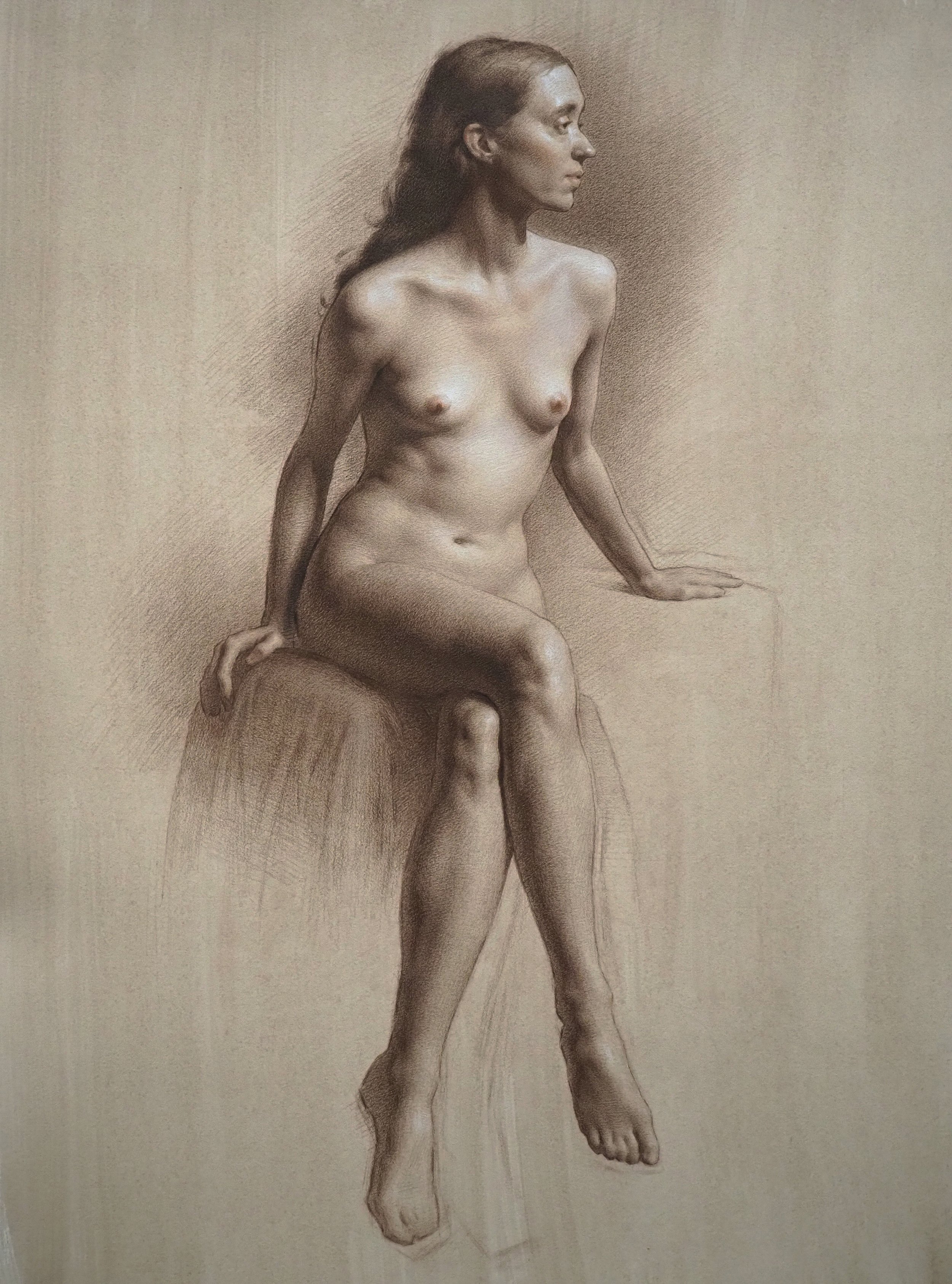 A classical figure drawing in brown and white chalk of a seated, female nude.