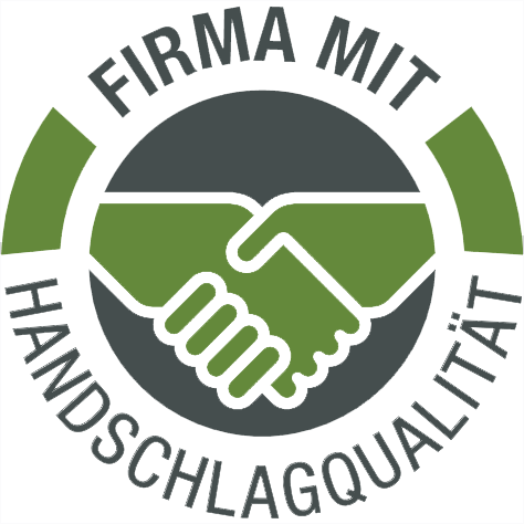 Das Logo "FIRMA MIT HANDSCHLAGQUALITÄT" zeigt ein Händeschütteln in der Mitte.