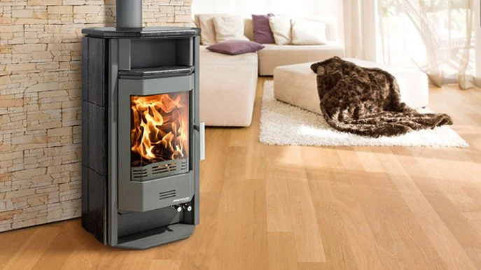 Ein Kaminofen in einem Wohnzimmer, Flammen sichtbar, auf einem Holzboden neben einem Sofa mit Kissen und einem Fell.