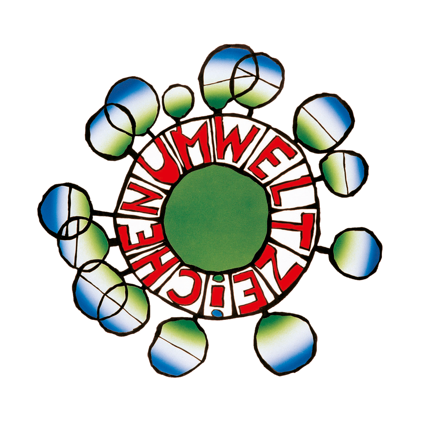 Ein stilisiertes Logo mit einem grünen Kreis in der Mitte, umgeben von Bäumen und einem roten Schriftzug "Umweltzeichen".