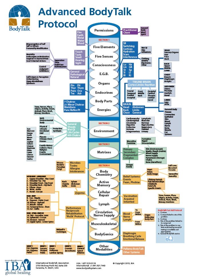 Diagram of the Advanced BodyTalk Protocol, showing various sections including Permissions, Five Elements, Five Senses, Consciousness, E.G.B., Organs, Endocrines, Body Parts, Energies, Environment, Matrixes, Body Chemistry, Active Memory, Cellular Repair, Circulation, Musculoskeletal, Body Genetics, and Other Modalities, with detailed subcategories.