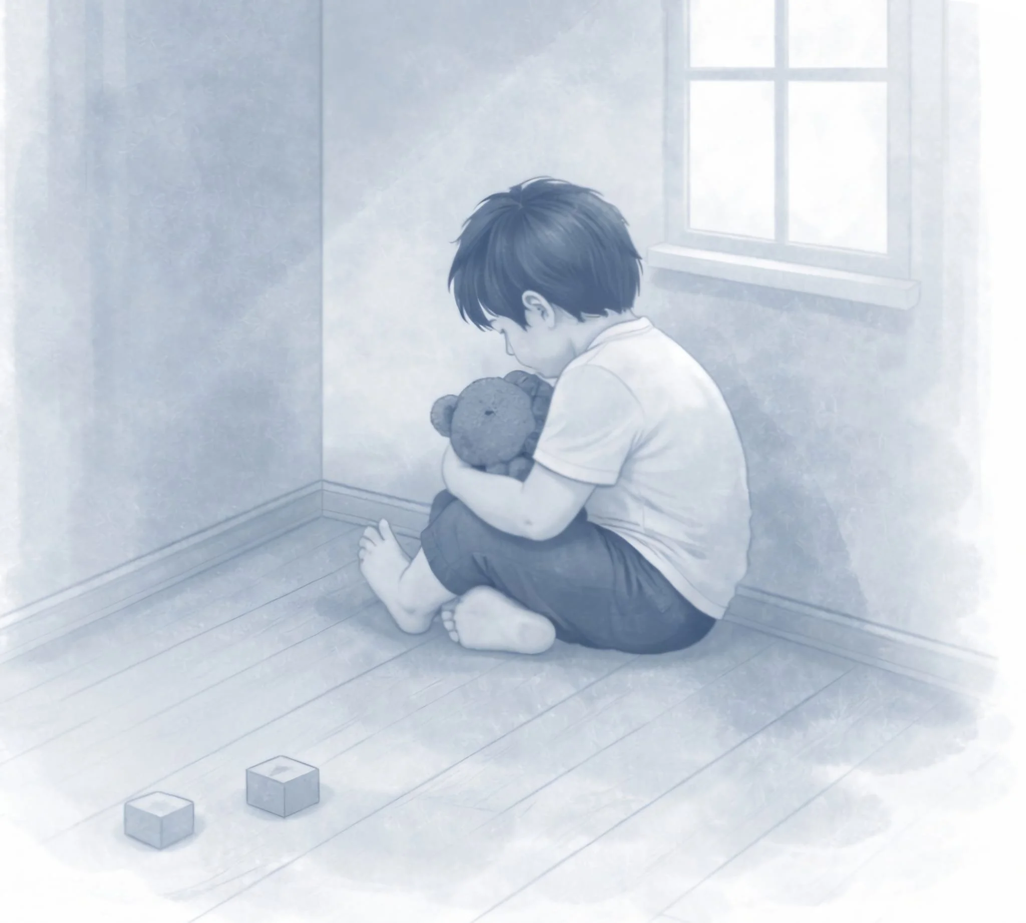 A black and white illustration of a girl hugging a person, with a light blue background and abstract shapes.