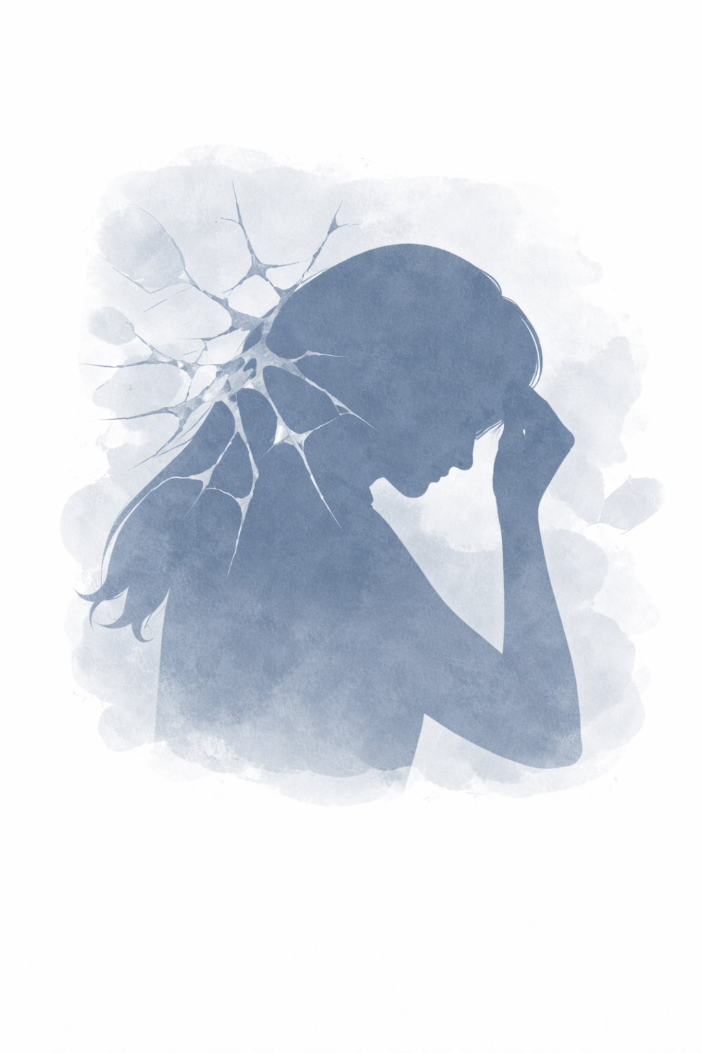 Digital illustration of a person in profile with short hair and earrings, holding a cup, with fragmented and dotted artistic style in shades of tan and navy blue.