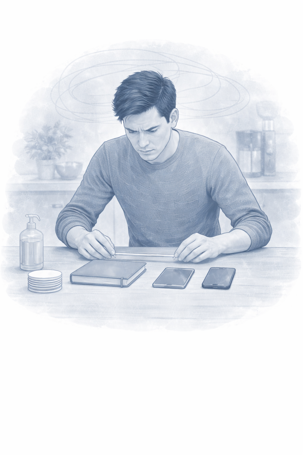 A drawing of a glass bottle with a small person sitting inside, looking sad or contemplative, placed in a shallow dish or container filled with water.