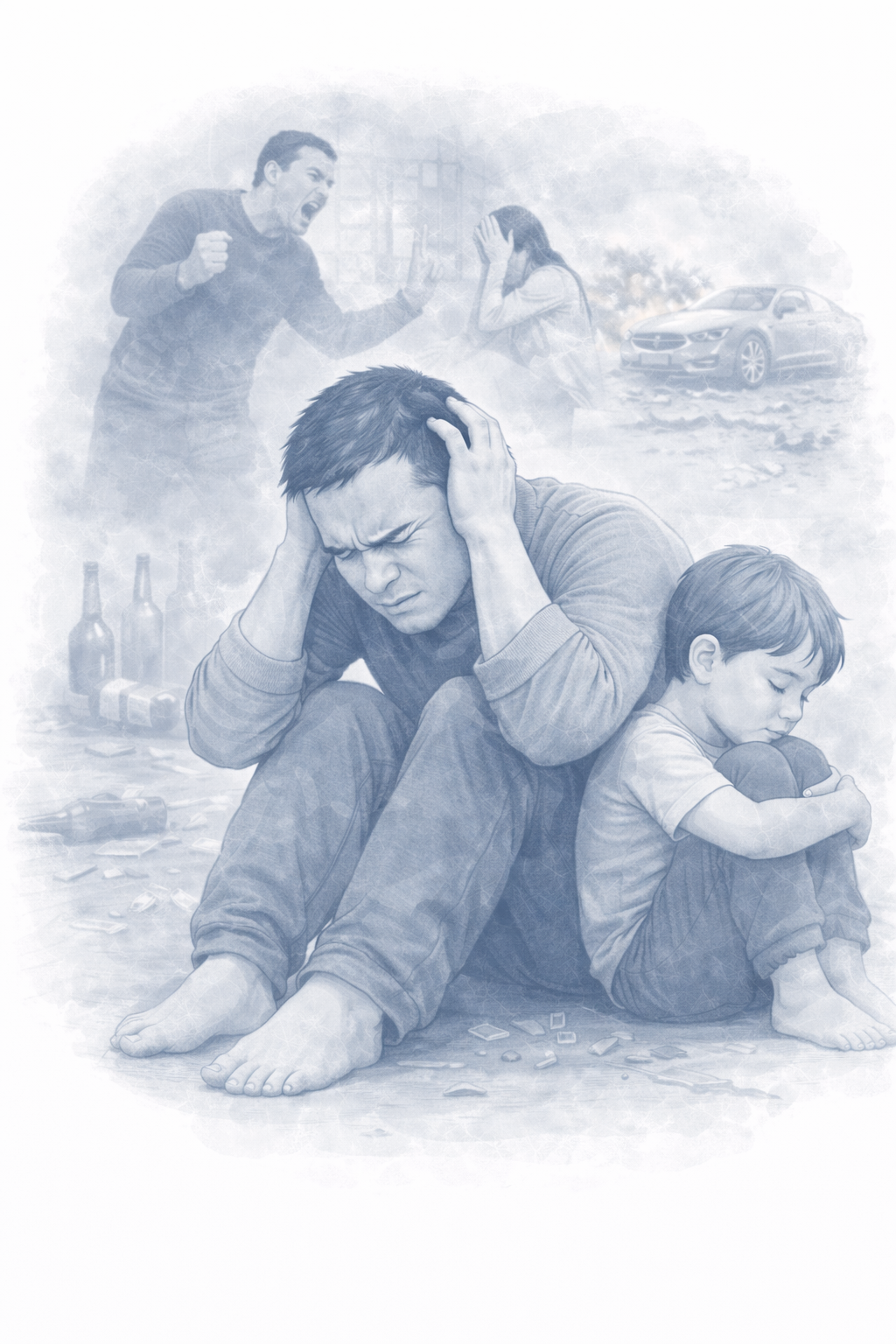 Illustration of a woman hugging a large, dark, gooey creature while sitting with her knees pulled up, wearing a pink sweater and white pants.