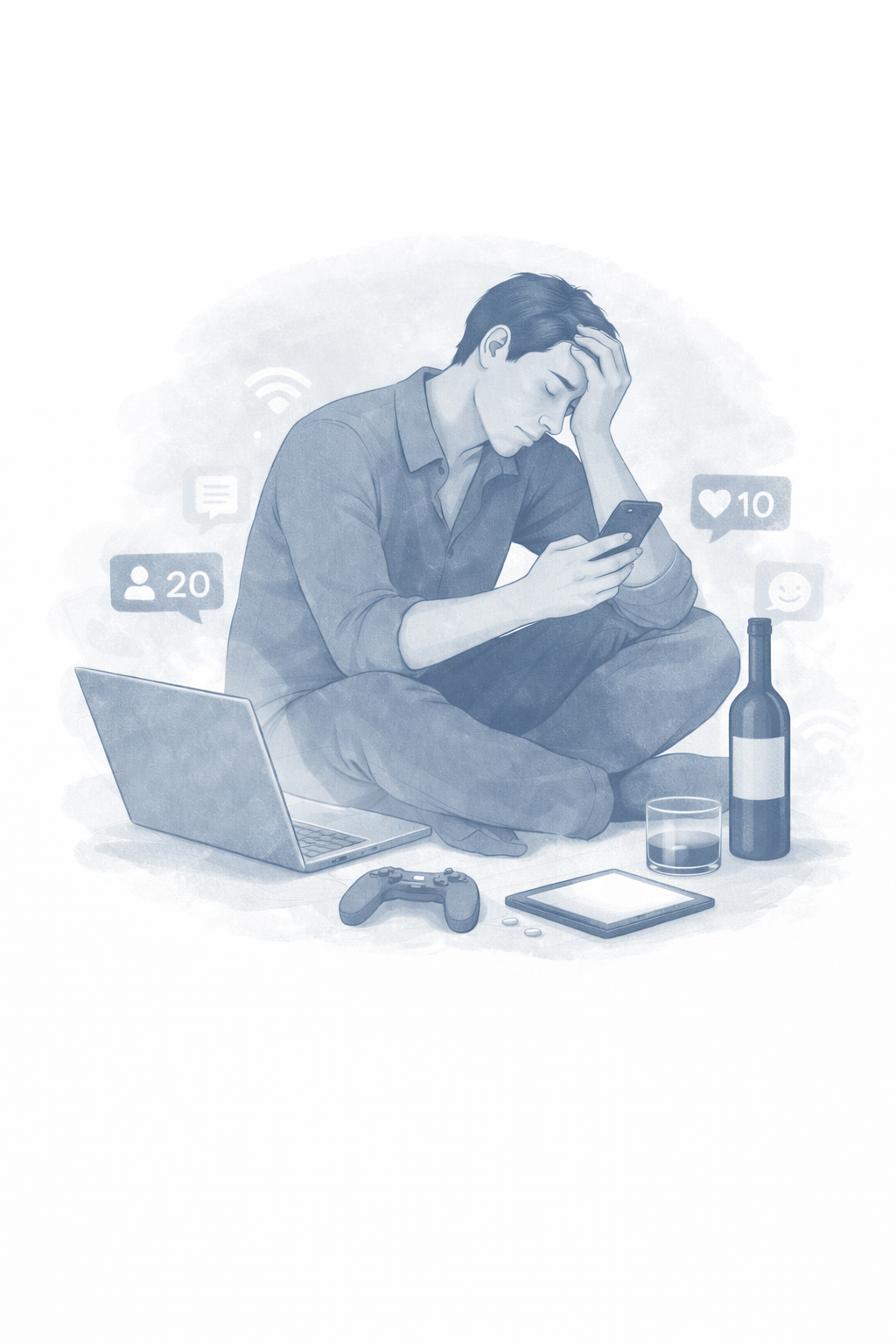 A sad older woman sitting on the floor hugging her knees, with dark, shadowy, vine-like shapes wrapping around her and her shadow, expressing feelings of sadness or depression.