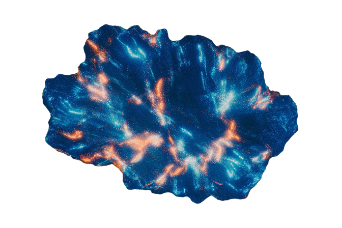 An abstract digital rendering of a galaxy with bright blue and orange streaks and specks of light.