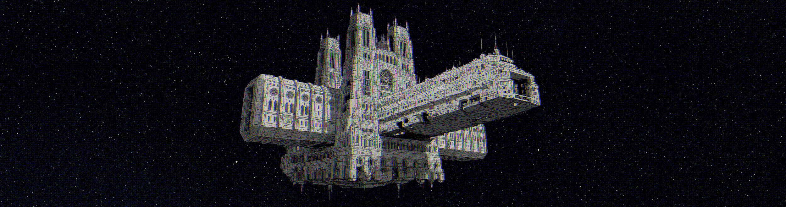 Navis Dei gothic cathedral spaceship drifting through void — Atlas K