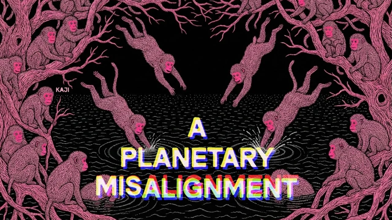 Illustration of pink monkeys sitting and climbing on tree branches, with some climbing into a dark void in the center. Text in the foreground reads 'A PLANETARY MISALIGNMENT' in colorful, glitchy font.