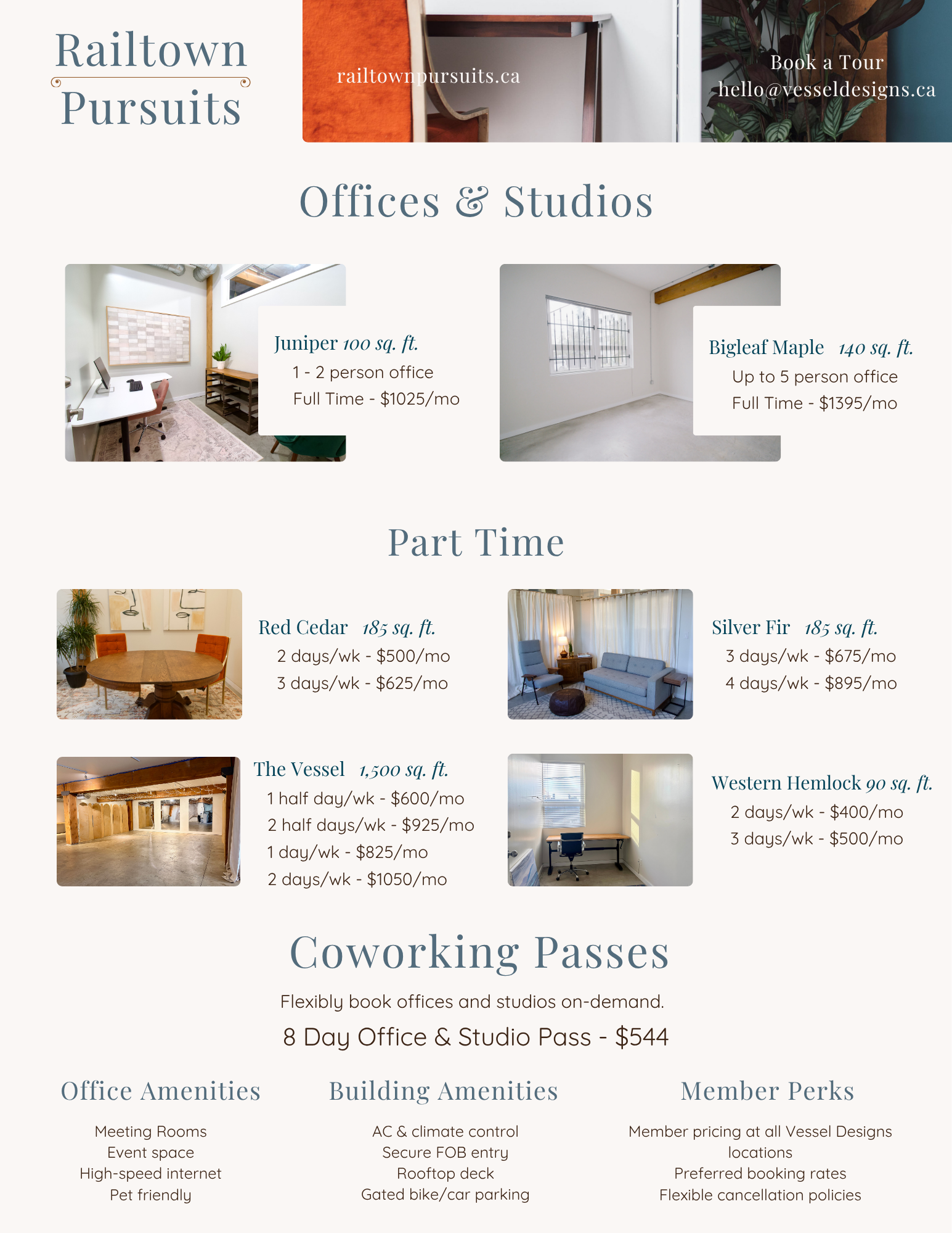 A webpage for Railtown Pursuits advertising office and studio rental options. The page features photos and descriptions of various office and studio spaces, including Juniper, Bigleaf Maple, Red Cedar, Silver Fir, The Vessel, and Western Hemlock, with details about their size, availability, and rental prices.