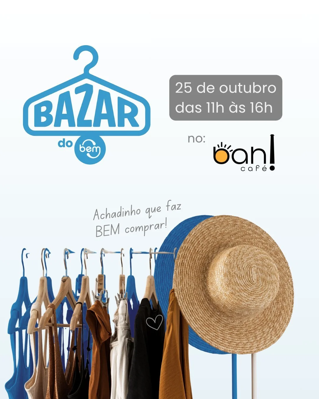 ✨ Chegou a hora de garimpar tesouros no primeiro Bazar do BEM!
Roupas cheias de estilo, casacos para o frio, roupas de festa e especiais estar&atilde;o esperando por voc&ecirc; &mdash; tudo a pre&ccedil;os que cabem no bolso. 🛍️

E o melhor: cada co
