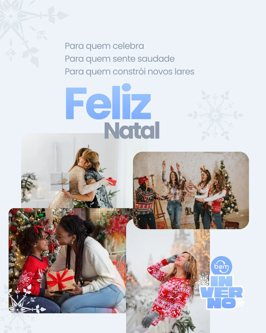 O Natal pode ser leve para algumas pessoas e desafiador para outras.

Se hoje for um dia dif&iacute;cil, seja gentil consigo mesma.
Se for um dia bom, que ele aque&ccedil;a e fique.
Que cada uma encontre afeto do jeito que for poss&iacute;vel.

Feliz