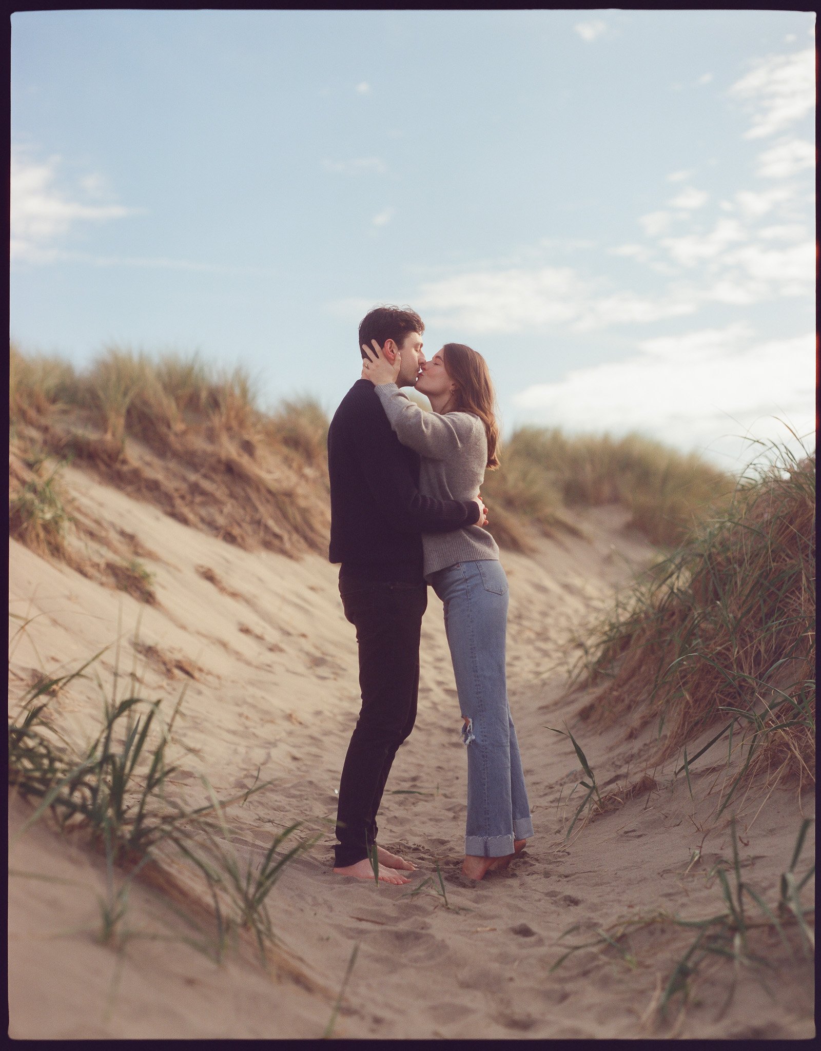 couple engagement session on SF beach on film