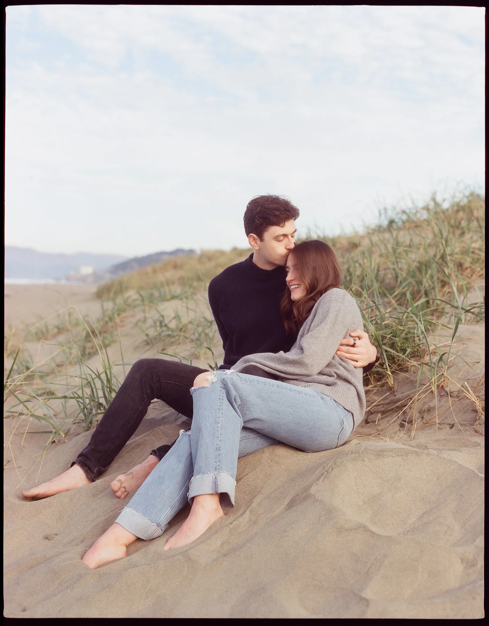 couple engagement session on SF beach on film