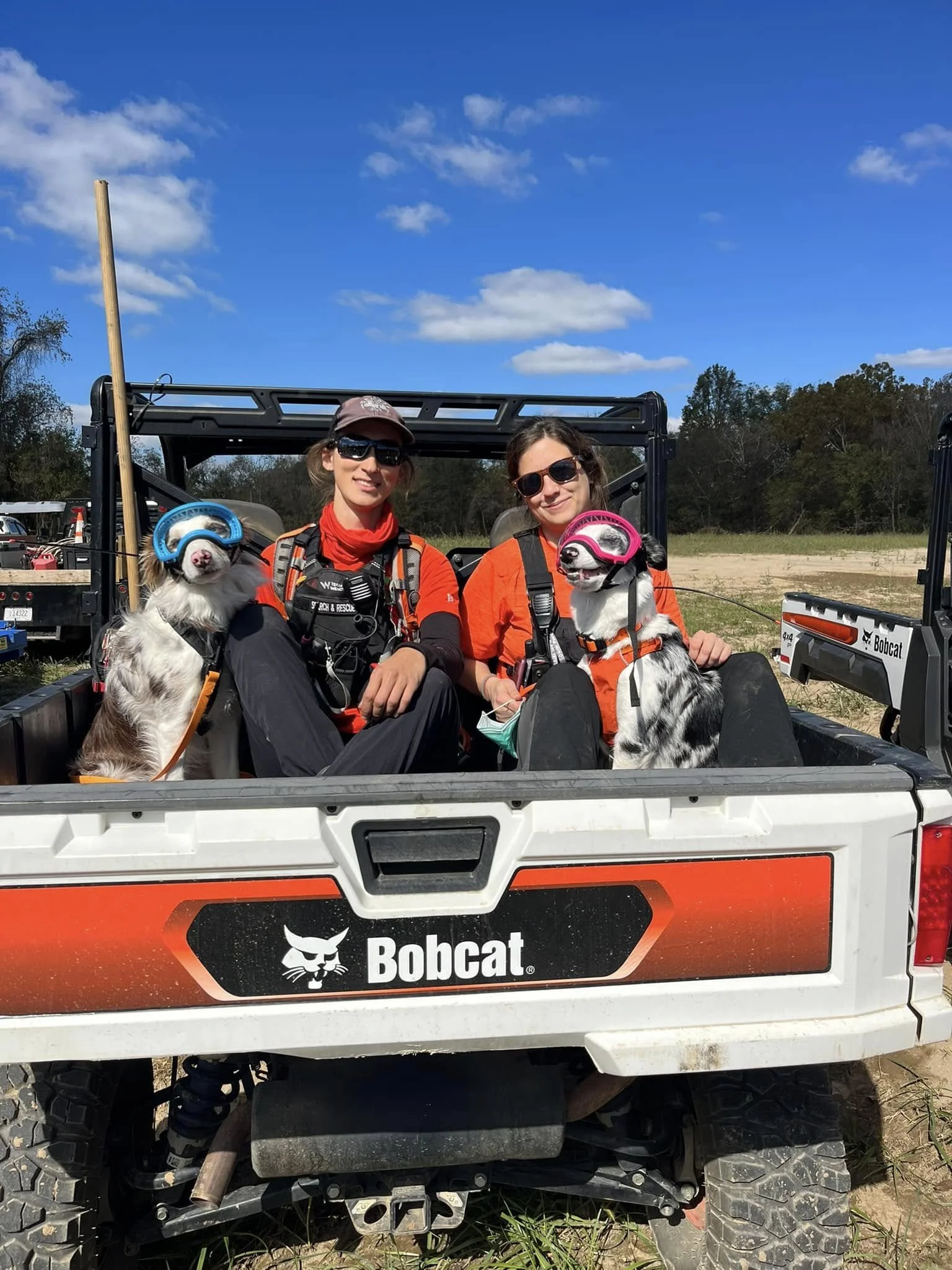Two women wearing orange shirts and sunglasses sitting in the back of a Bobcat utility vehicle, each holding a dog wearing goggles. The dogs appear to be white with black markings. The background features a field and a clear blue sky with some clouds
