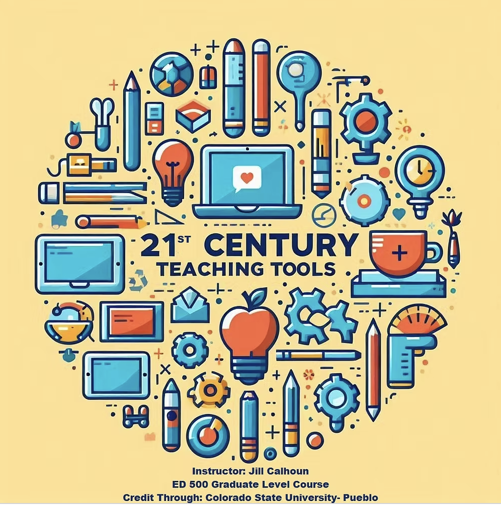A colorful digital illustration displaying various teaching tools like computers, notebooks, pencils, gears, and a lightbulb arranged in a circular pattern. In the center, there is text that reads '21st Century Teaching Tools' with additional information about an instructor, course, and credit at the bottom.