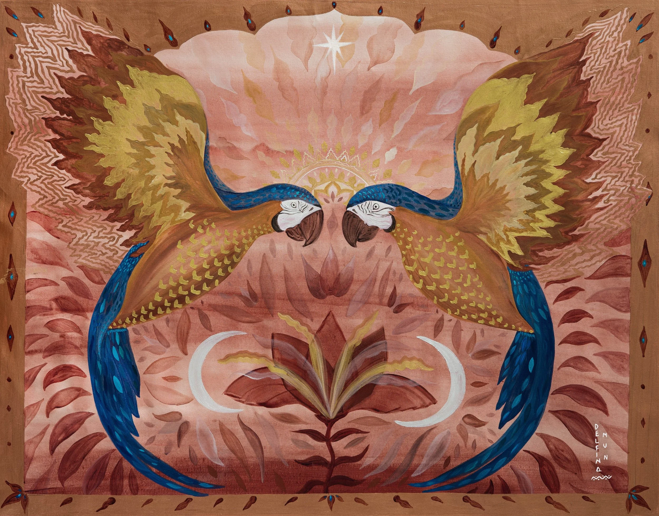Araras Flame of Love / Delfina Mun / 100x88 cm / acrylic on canvas / Available $4.444