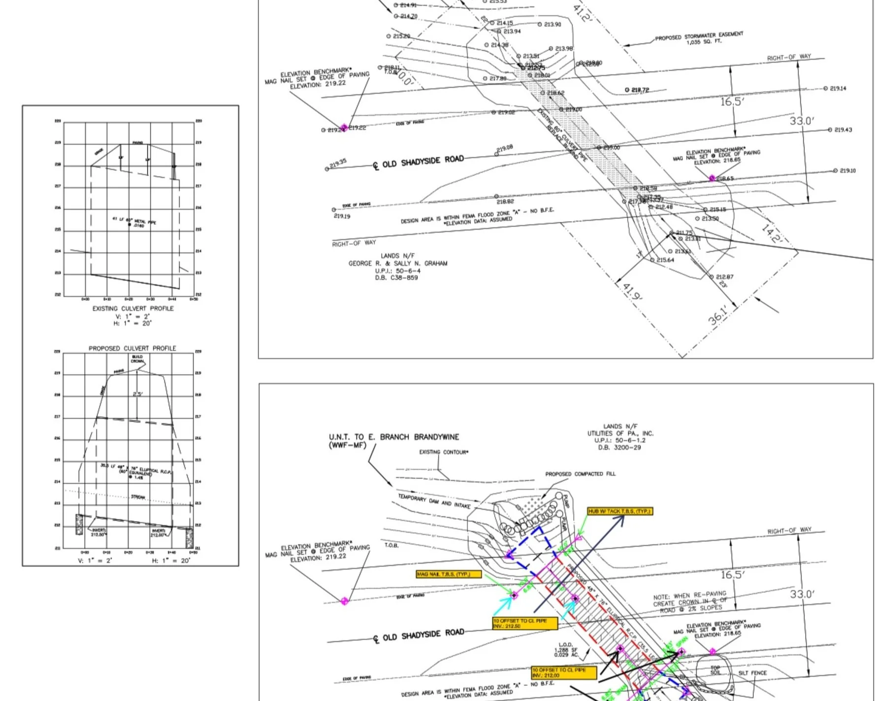 Engineering drawing of road improvement plan with culvert profiles, elevation benchmarks, and proposed changes along Old Shadyside Road. Includes existing and proposed culvert profiles, detailed measurements, and annotations for construction.