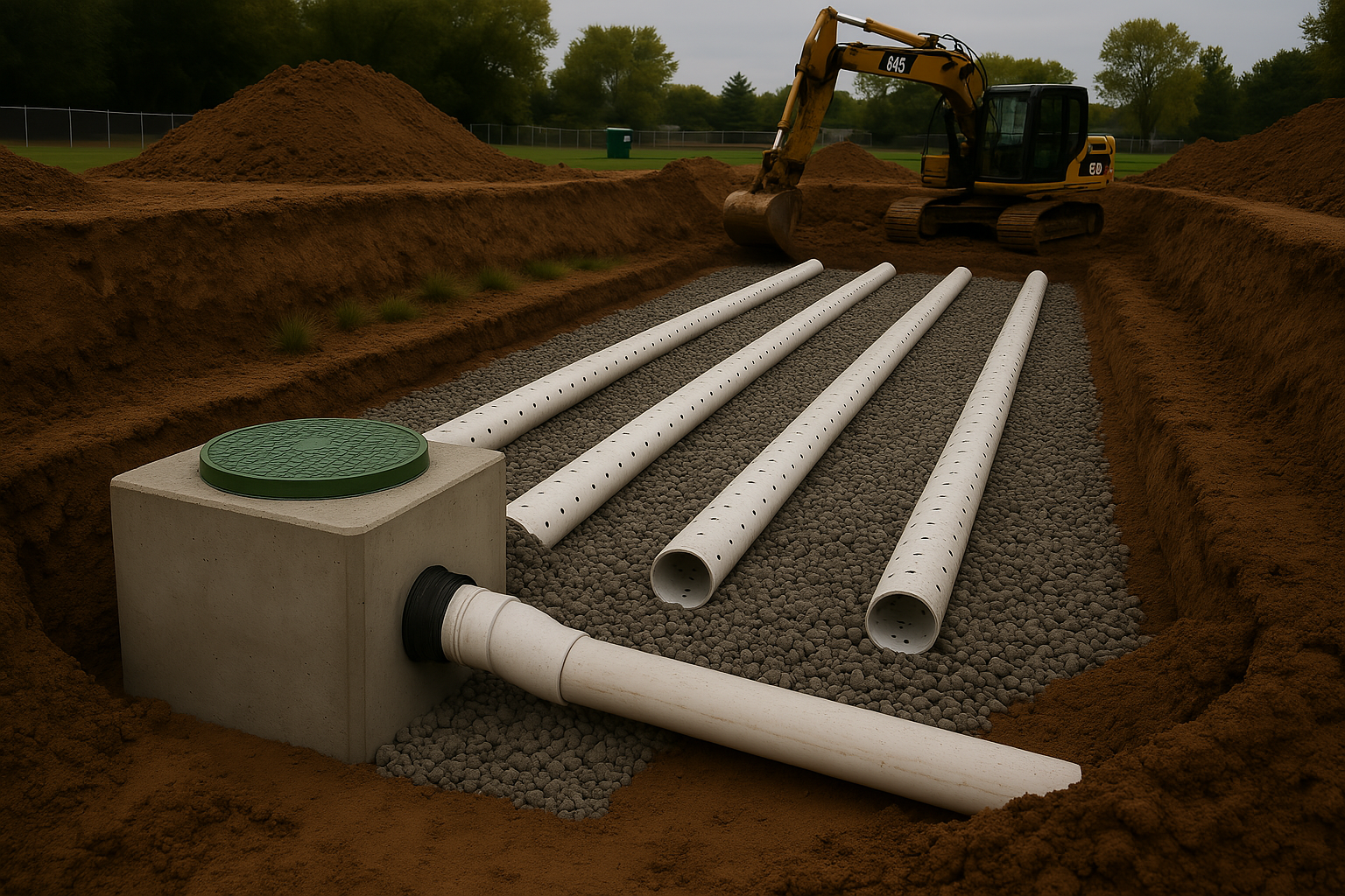 Underground utility pipe installation site with six perforated white pipes laid in a trench, a green covered cleanout access point, and a small excavator nearby on a cloudy day.