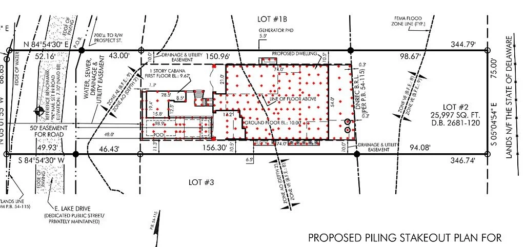 Architectural site plan showing lot boundaries, easements, and proposed building layout. Includes dimensions, property lines, and utility placements.