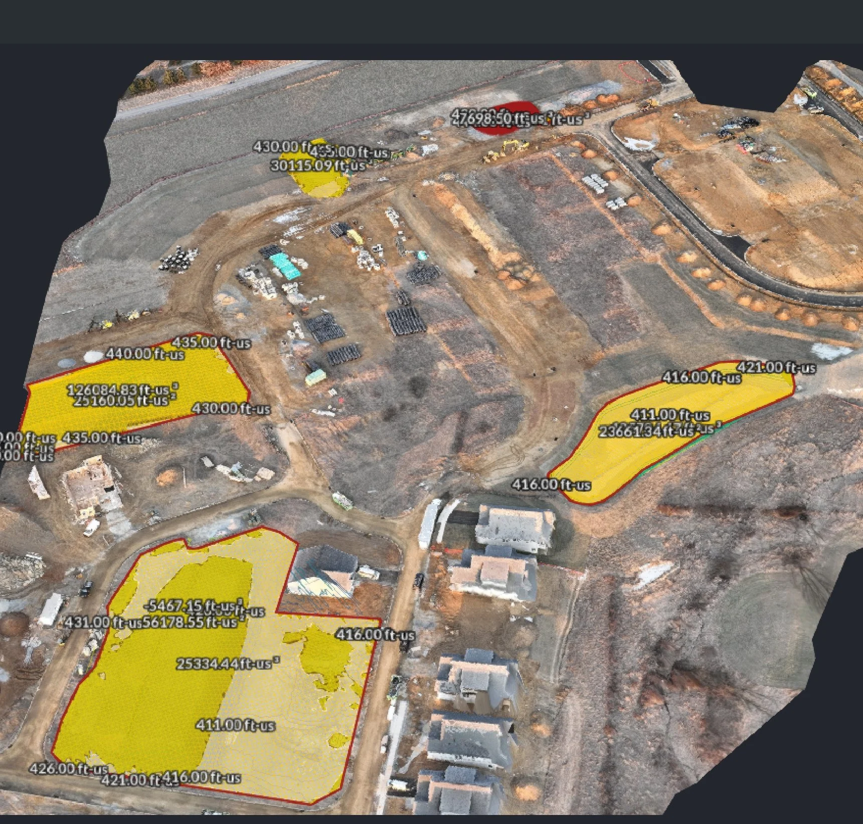 Aerial view of a construction site with marked measurements and plots outlined in yellow and red. The image shows areas labeled with dimensions in feet and square feet, surrounded by partially constructed buildings and roads.