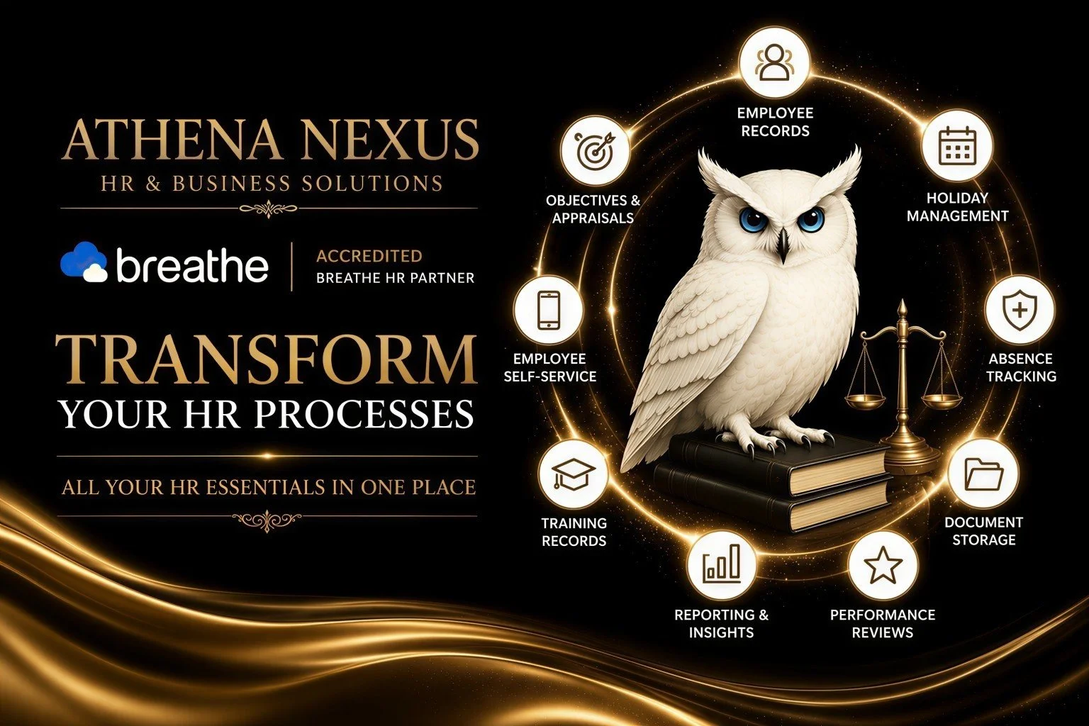 Black background advertisement for Athena Nexus HR and business solutions featuring a white owl standing on a stack of books, surrounded by icons representing employee records, HR processes, and document storage.
