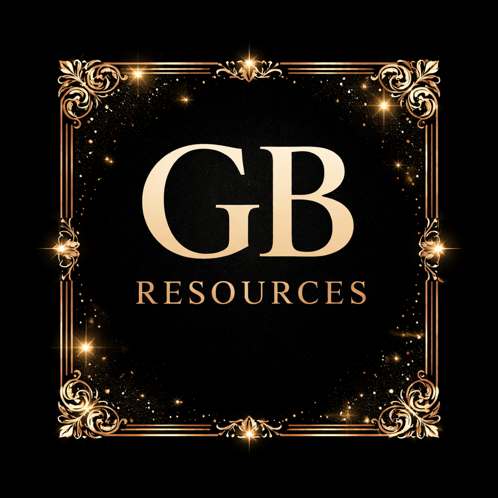 Logo for GB Resources with gold decorative border and sparkles on a black background.