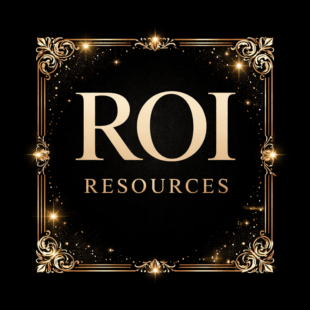 Golden ornate border with sparkling stars surrounds the text 'ROI RESOURCES' on a black background.