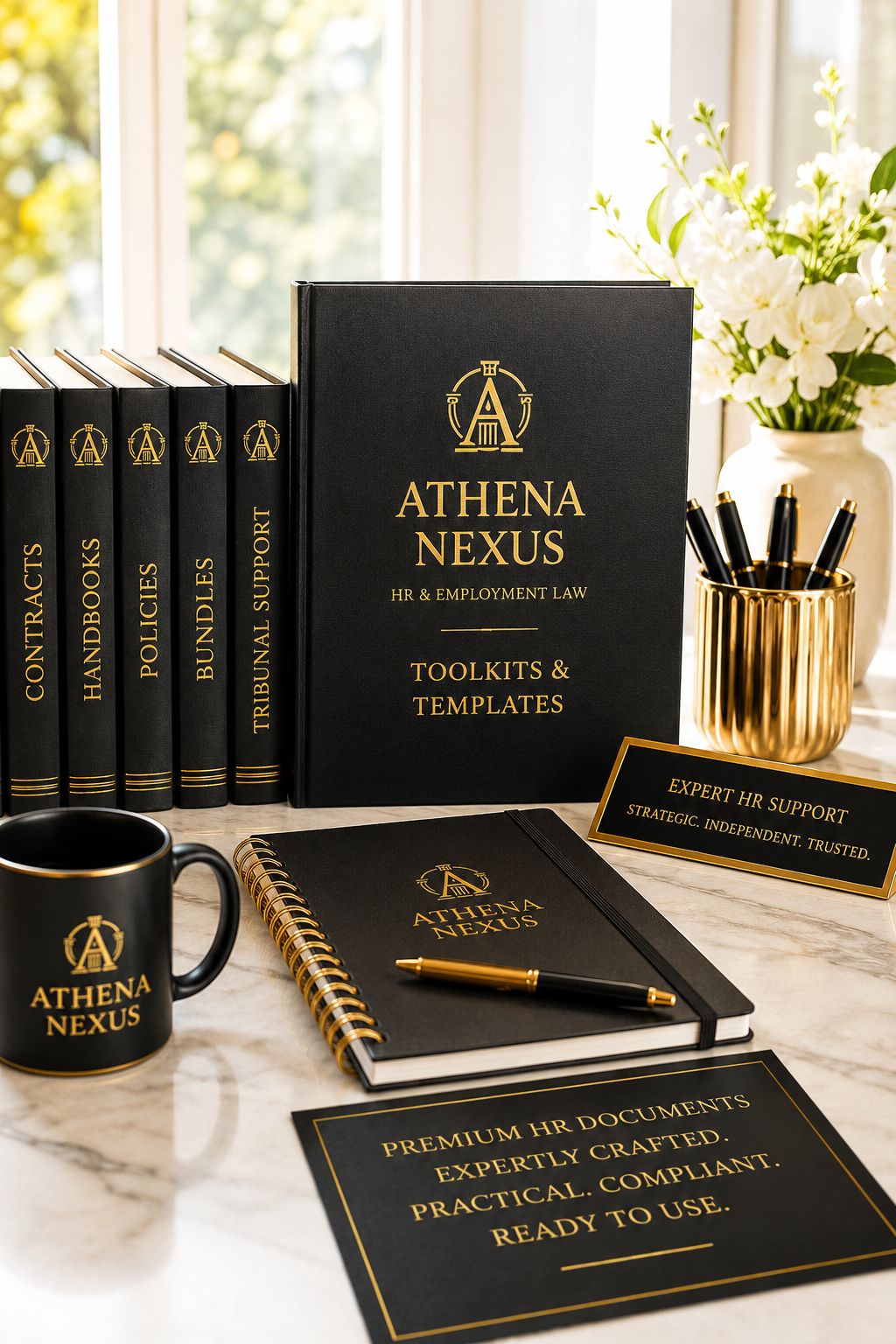 Business desk setup with Athena Nexus HR and employment law toolkits, templates, and books, alongside a black mug, a notepad with a gold pen, a vase of white flowers, and a gold pen holder, all on a marble surface.