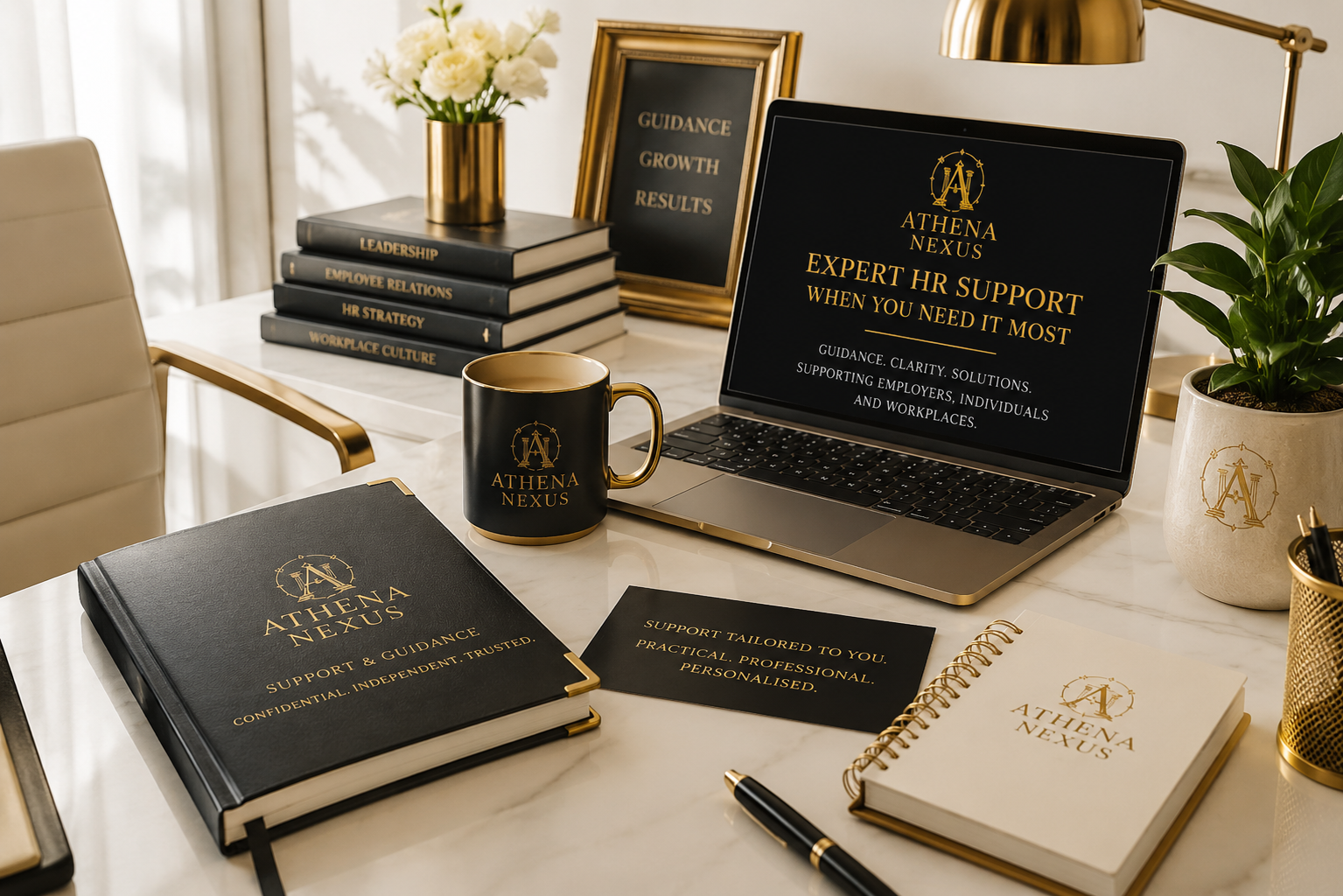 An organized workspace with Athena Nexus branding, including a laptop, notebooks, a black mug, a pen, a framed quote, a potted plant, and a stack of books on leadership and HR topics.