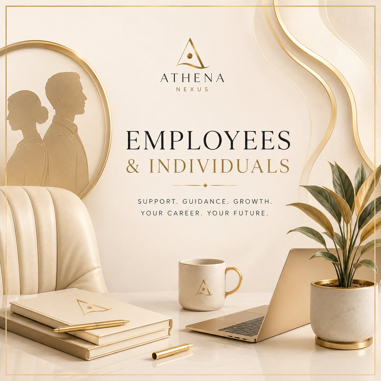 Elegant workspace with a beige chair, a notebook with a gold pen, a coffee mug with a logo, a laptop, and a potted plant, with a poster promoting employee support and career growth in the background.