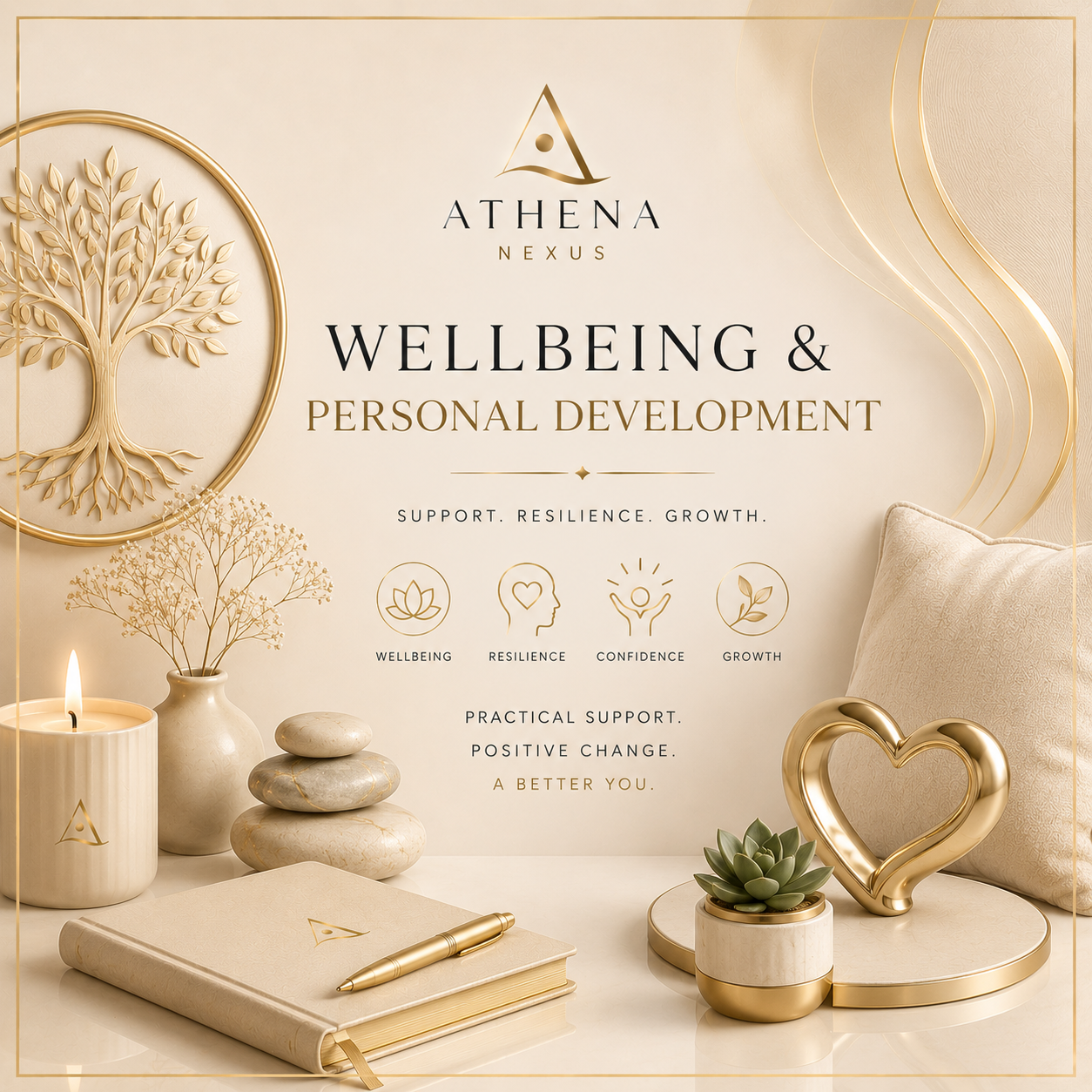 Poster with gold accents featuring a tree, a candle, a notebook, and decorative items promoting wellbeing and personal development with themes of resilience, confidence, and growth.
