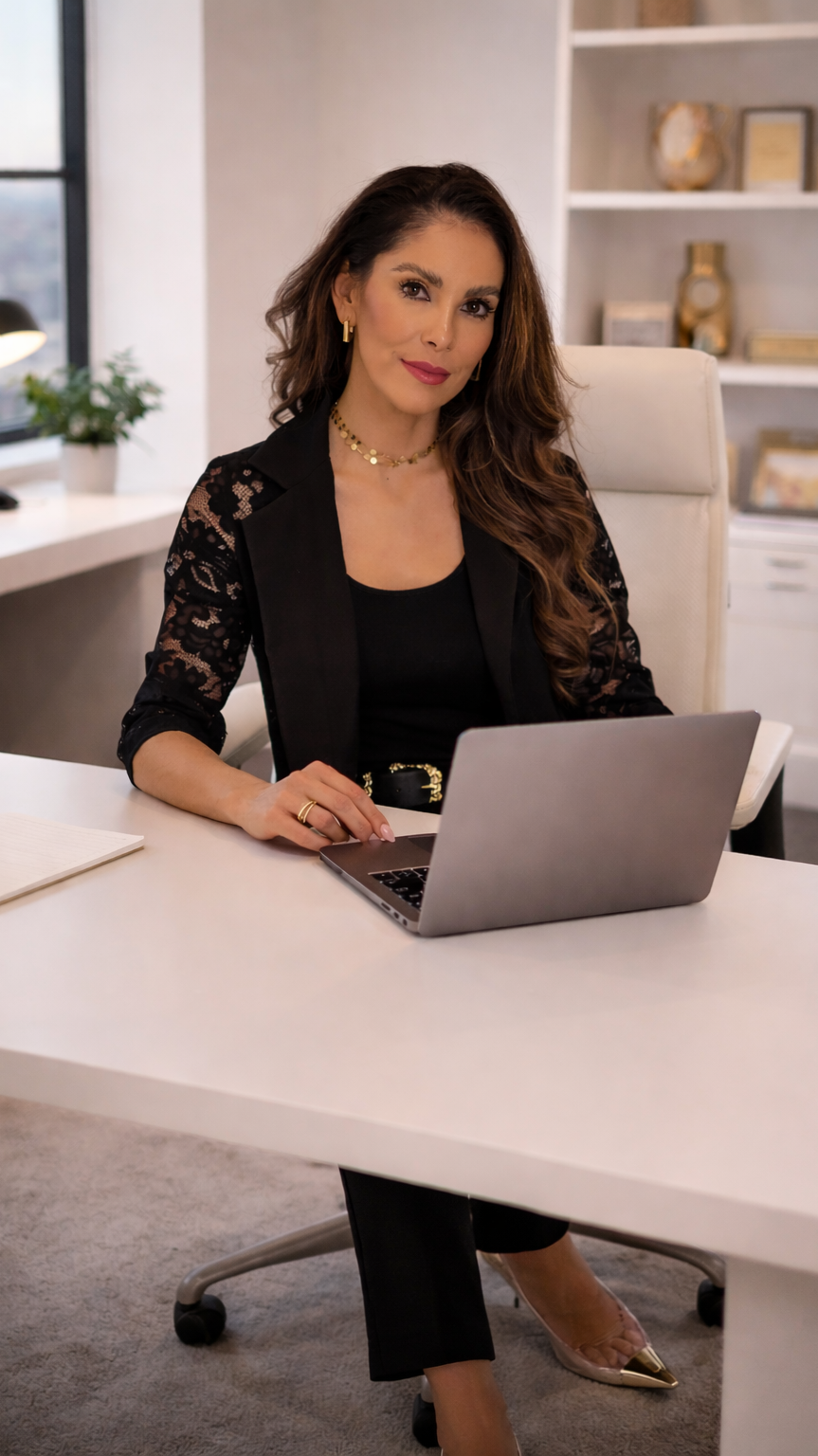A woman with long brown hair, wearing a black lace blazer and black pants, seated at a white desk with a laptop, in an office setting.
