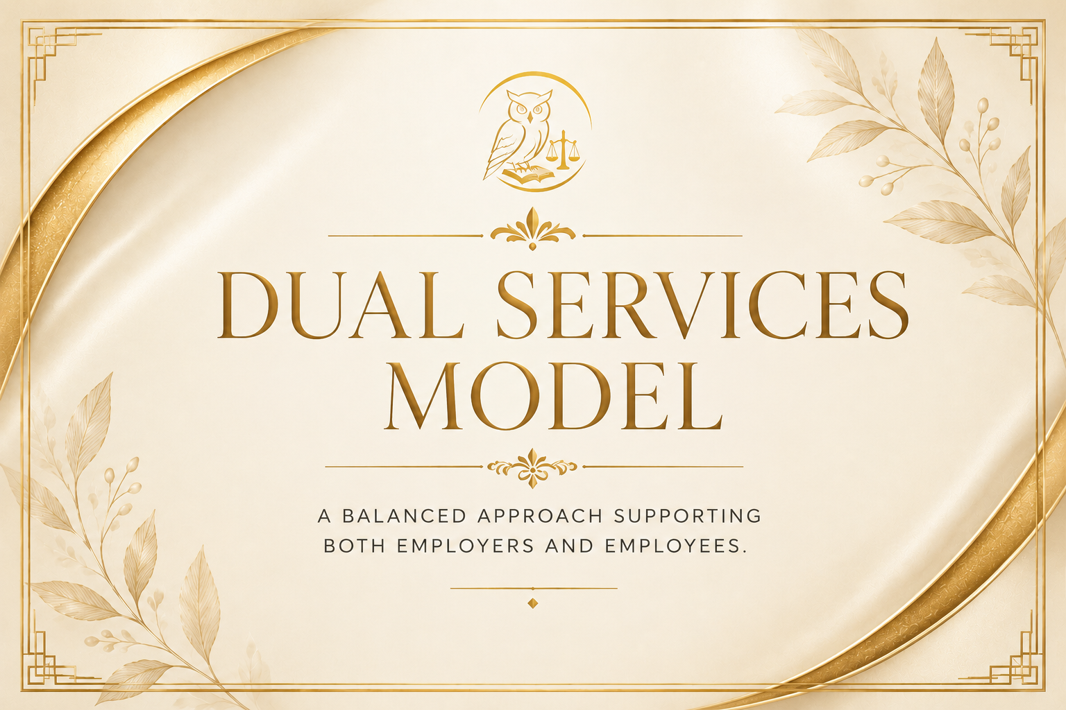 A presentation slide with gold and cream colors titled "Dual Services Model" and the subtitle "A balanced approach supporting both employers and employees," featuring decorative leaves and an owl icon.