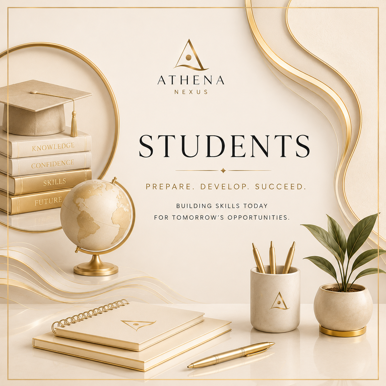 Decorative promotional graphic for Athena Nexus, an educational organization. The image features a stack of gold and white books labeled 'Knowledge,' 'Confidence,' 'Skills,' and 'Future,' a gold globe, a notebook with the Athena logo, and a pen. There is also a small plant and a cup holding gold pens, all set against an elegant cream-colored background with gold accents.