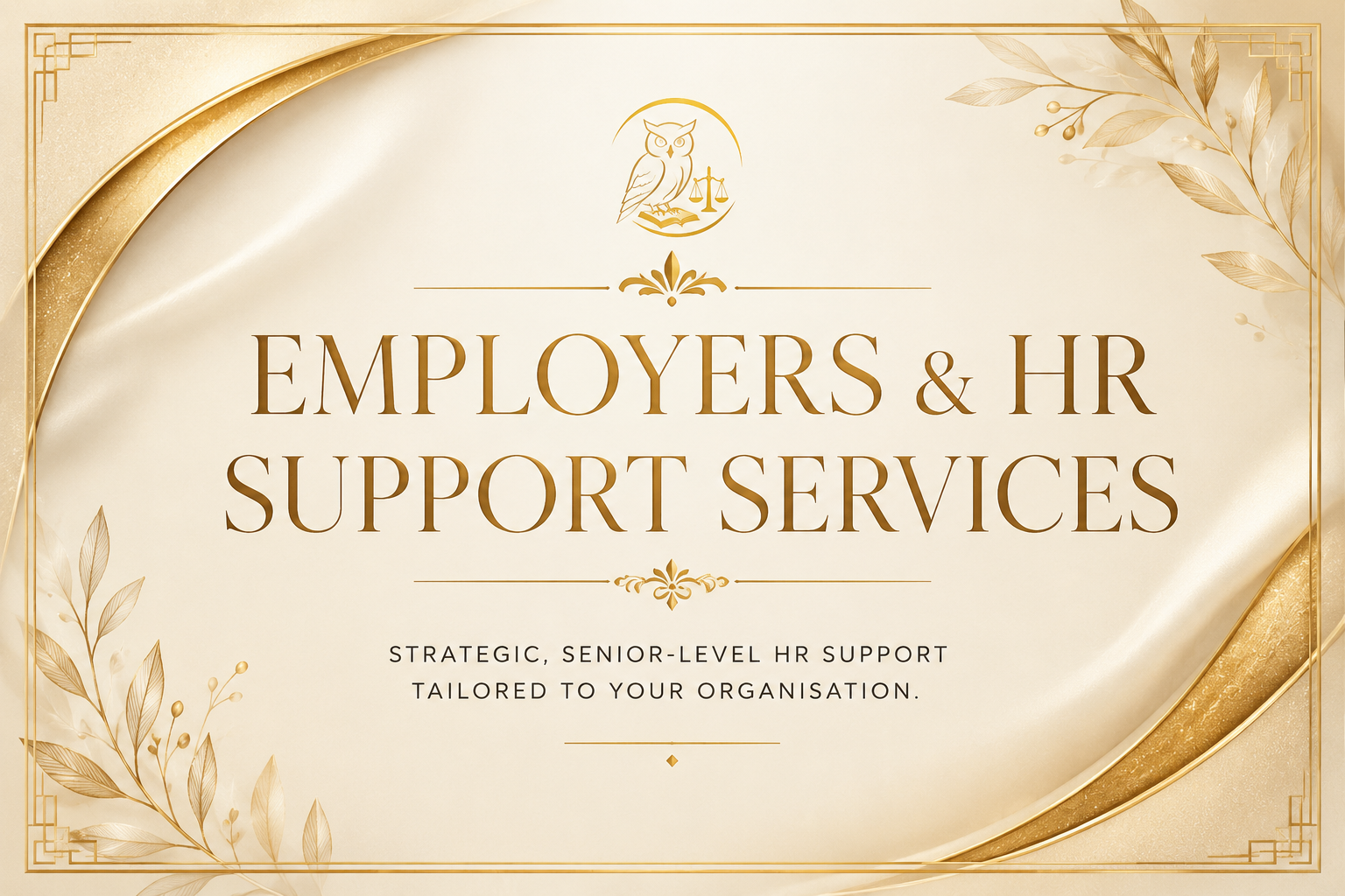 A decorative poster for Employers & HR Support Services with gold accents, floral designs, and an owl emblem at the top.