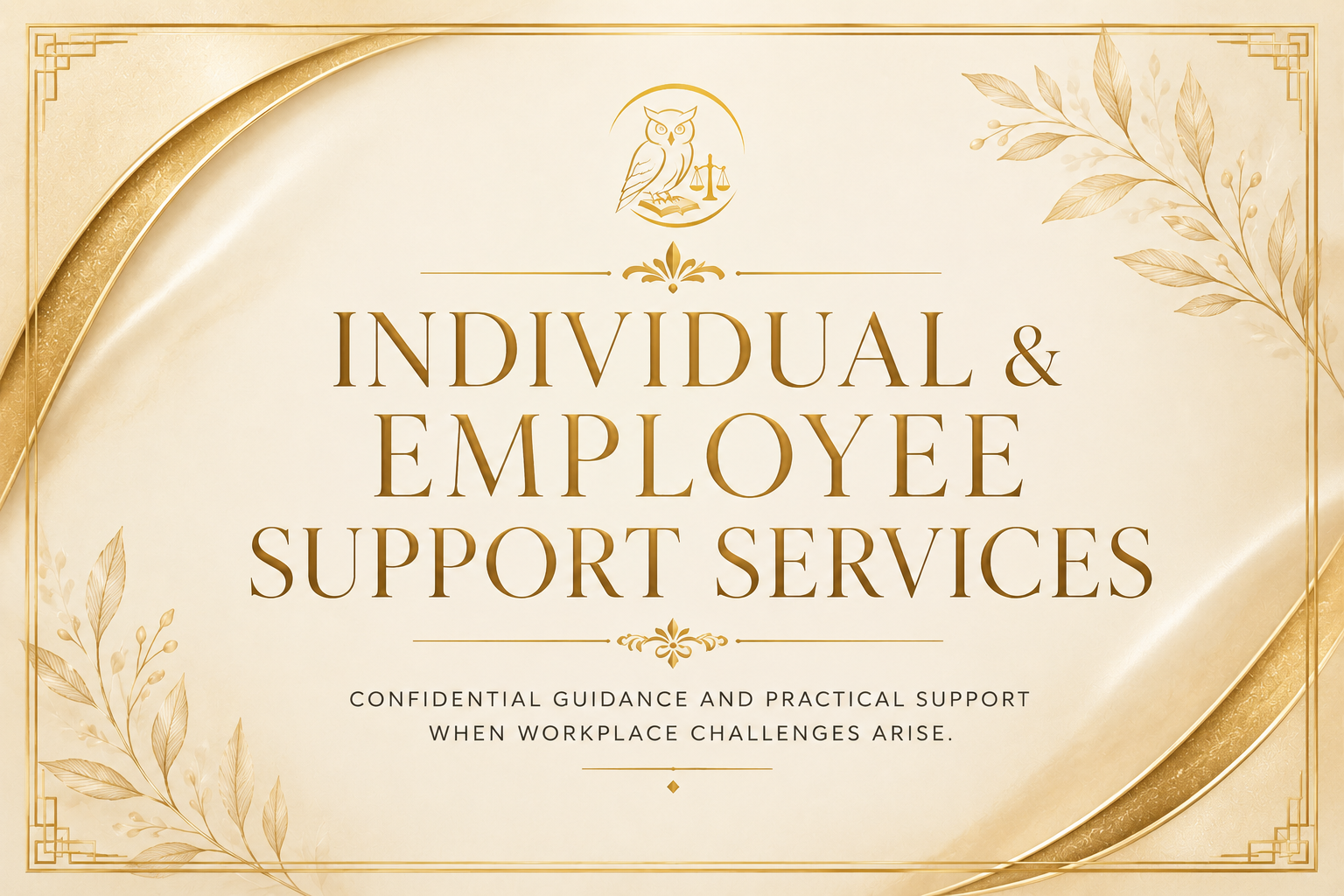 A decorative sign for Individual & Employee Support Services featuring gold accents, a crest with an owl and scales, and botanical illustrations on a cream background.